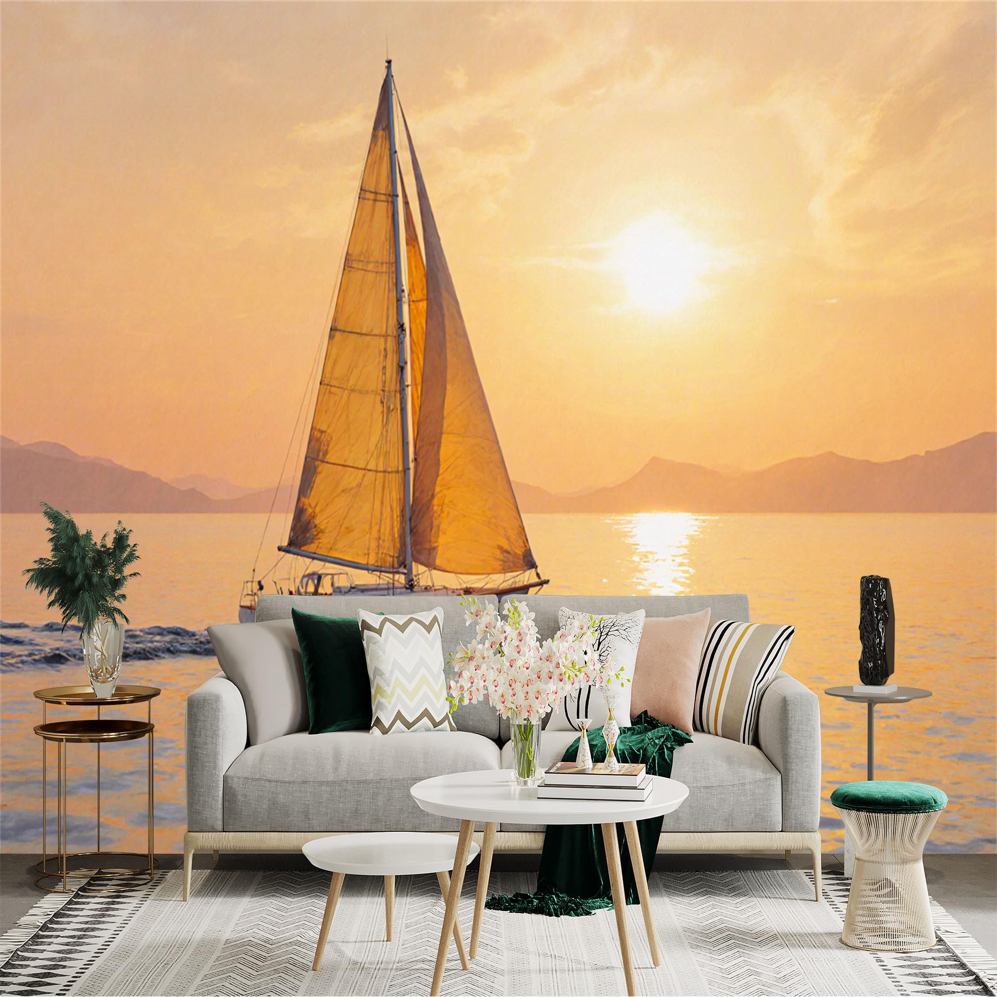 Custom Size Wall Sticker Mural， Sailboat on Calm Ocean， Golden Sunset Horizon， Beautiful Nautical Scenery， for wall Decoration， peelandstick wall Decals.