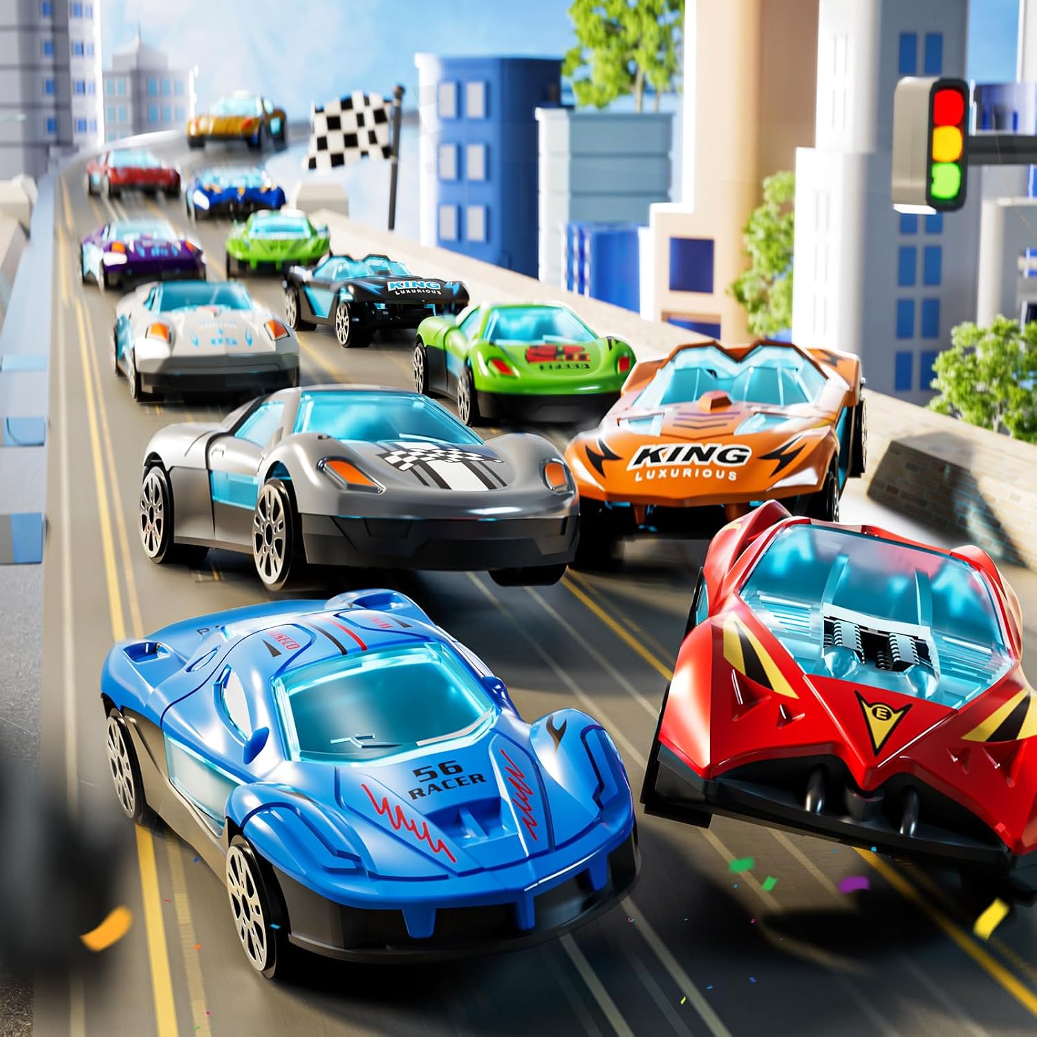 3-in-1 Kids Carrier Truck Toy Car Tracks for Toddlers 2-4 Years Old with 12 Racing Cars Toys, Foldable Chasing Race Track and Car Garage, Car Ramps Birthday Gift for Boys Girls 3-5 4-8(Blue)