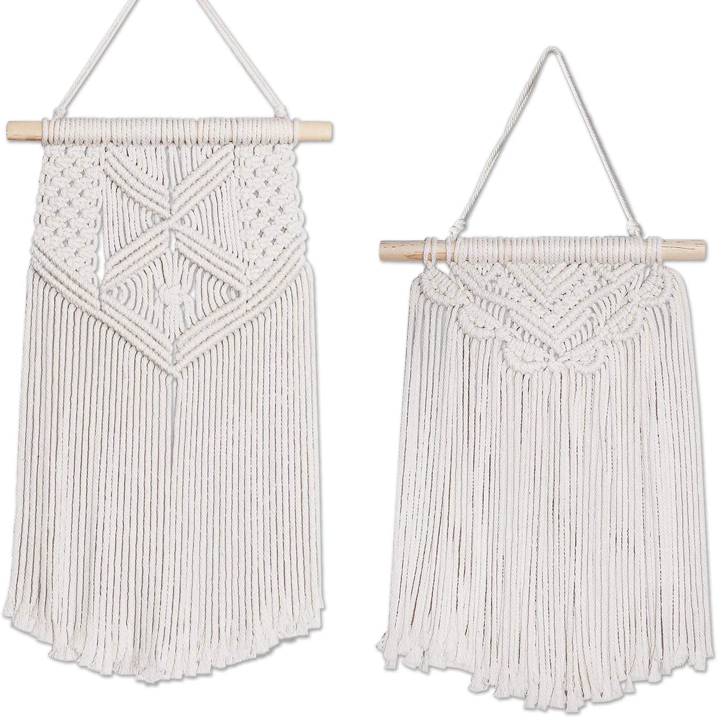 Flexzion Macrame Wall Hanging Bunting Banner Tapestry Art (2 Pack 20 Inch Cream White Cotton) Hand Woven Bohemian Wall Decor for Boho Home Bedroom Living Room Curtain Garland Baby Nursery Rustic
