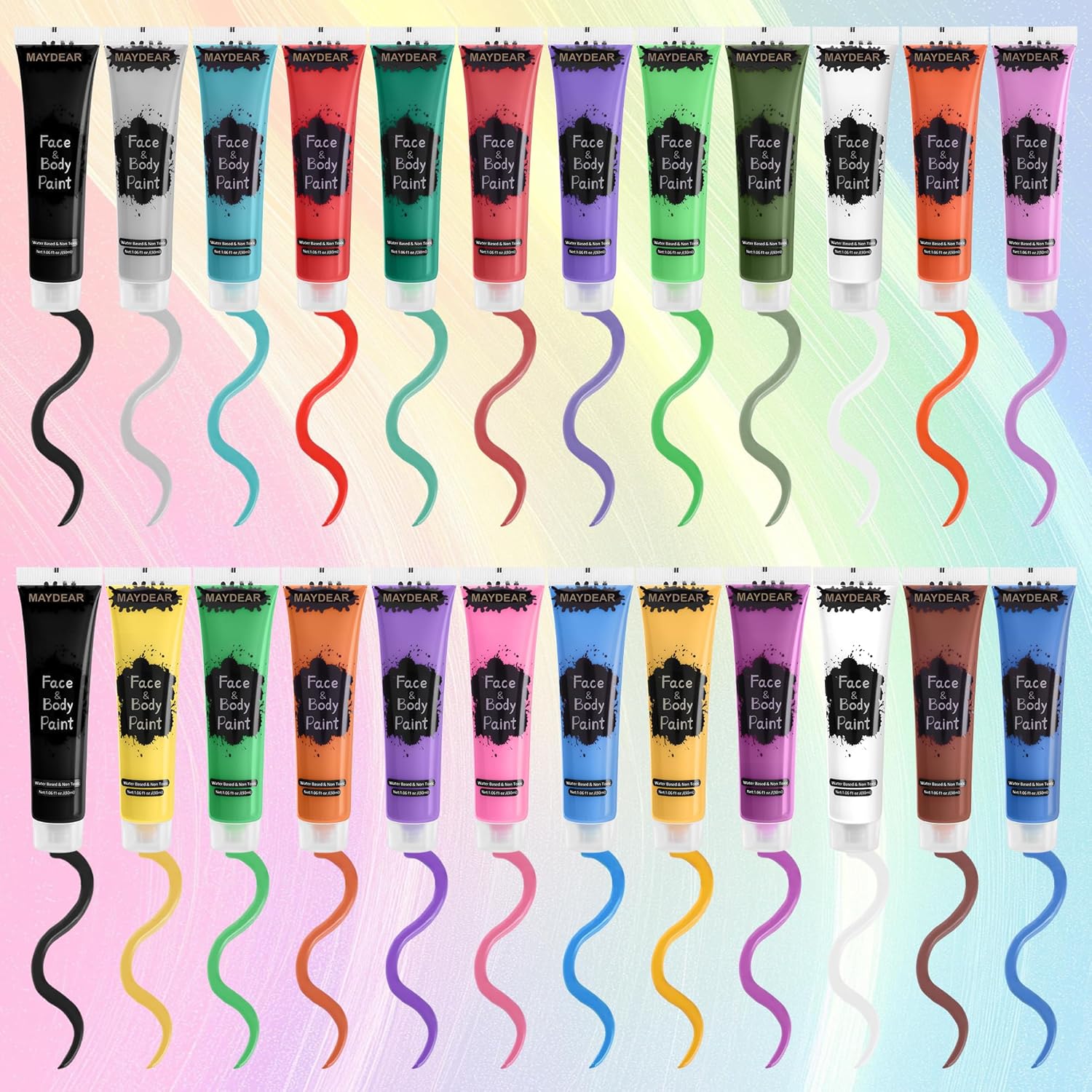 Maydear 24 Colors Liquid Face & Body Paint Kit – Non-Toxic Matte Squeeze-Tube Paints for Kids & Adults, Easy-Wash, Halloween, Cosplay & Stage Makeup