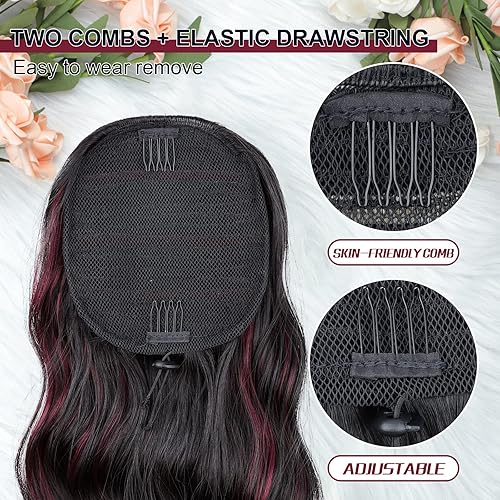 Miniatura 10 de Extensión de cola de caballo de 22 pulgadas, color negro mixto burdeos, extensión de cola de caballo larga ondulada con cordón para mujer, extensión