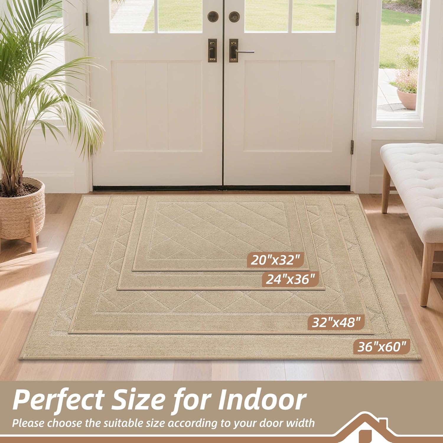BEQHAUSE Dirt Trapper Door Mat 24" x 36", Doormat Non-Slip Entryway Rugs Washable, Dog Door Mat Stain Resistant and Absorbent Welcome Floor Mat for Front Back Door, Mud Wet Shoes & Paws, Warm Beige