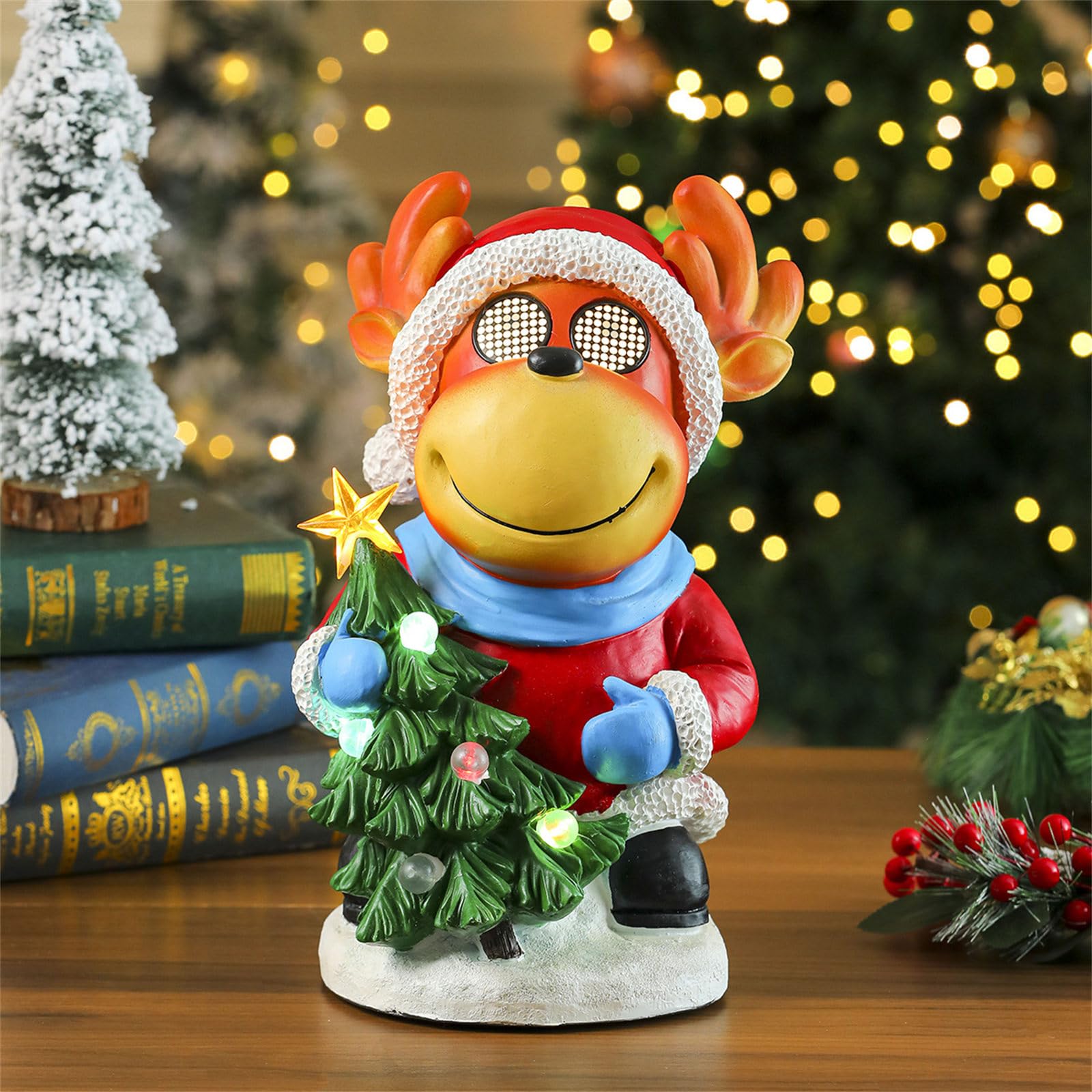 Figura decorativa de resina con luz LED para mantel, decoración de mesa, decoración de mesa con música de Navidad brillante, figura de resina musical con luz LED para repisas