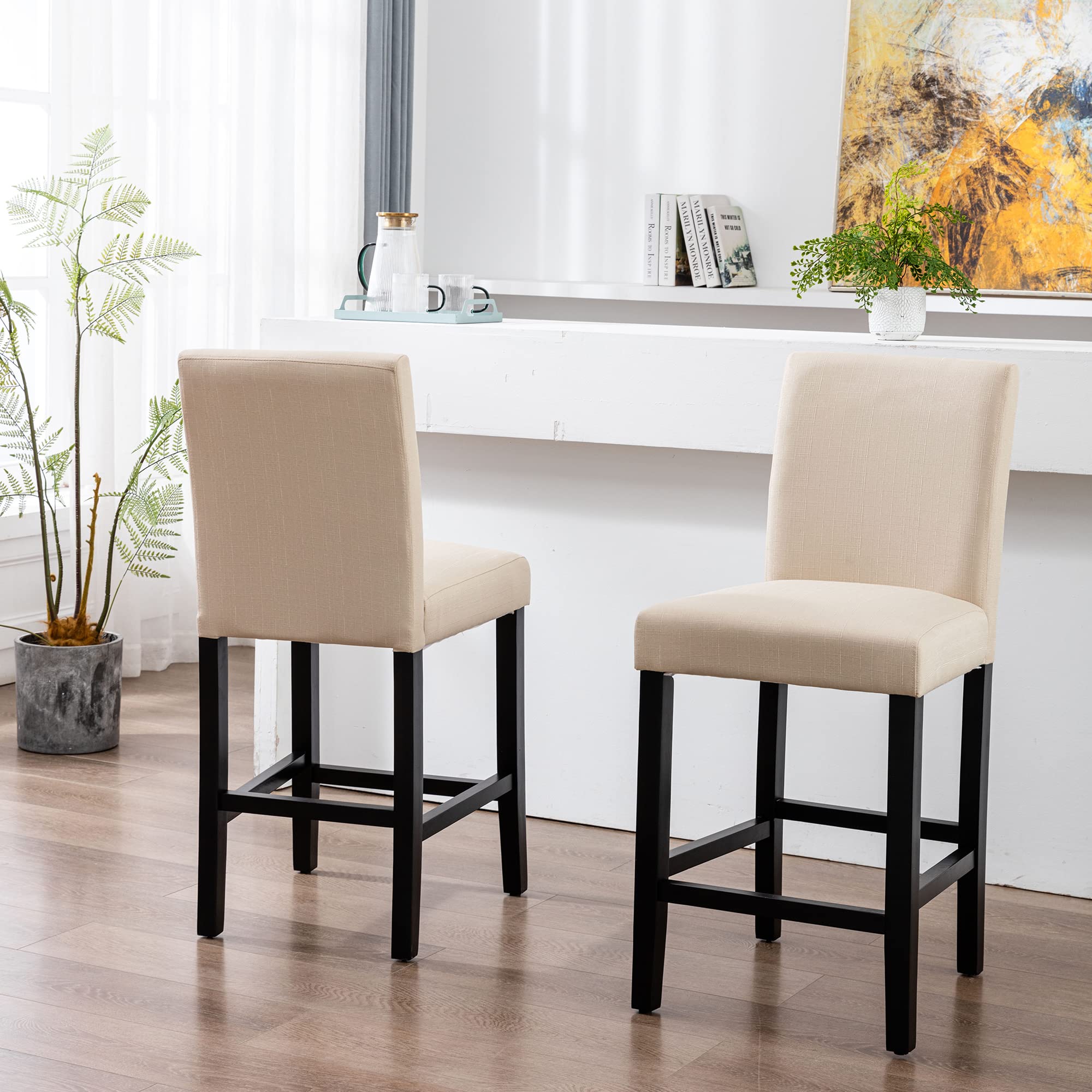 Bar Stools, Kitchen Island Wood Bar Chairs, Fabric Counter Height bar Stool, Fabric Upholstered Barstools, Beige, Set of 2