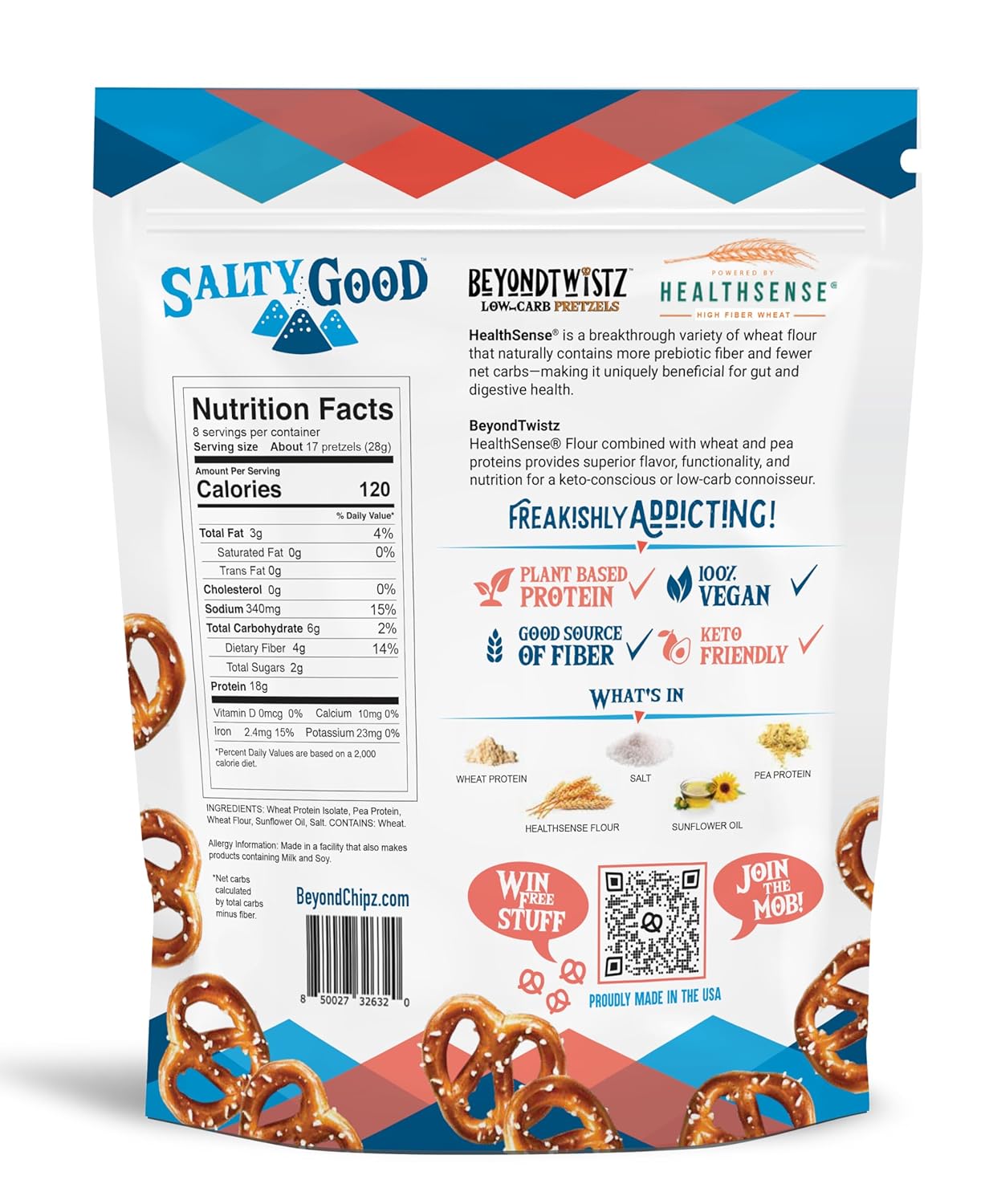 BeyondTwistz Low Carb Pretzels, Salty Good, Keto Friendly, 2g Net Carbs, 18g Protein, Powered By HealthSense® High Fiber Wheat Flour, Family Size 8oz Bag, Pack of 3