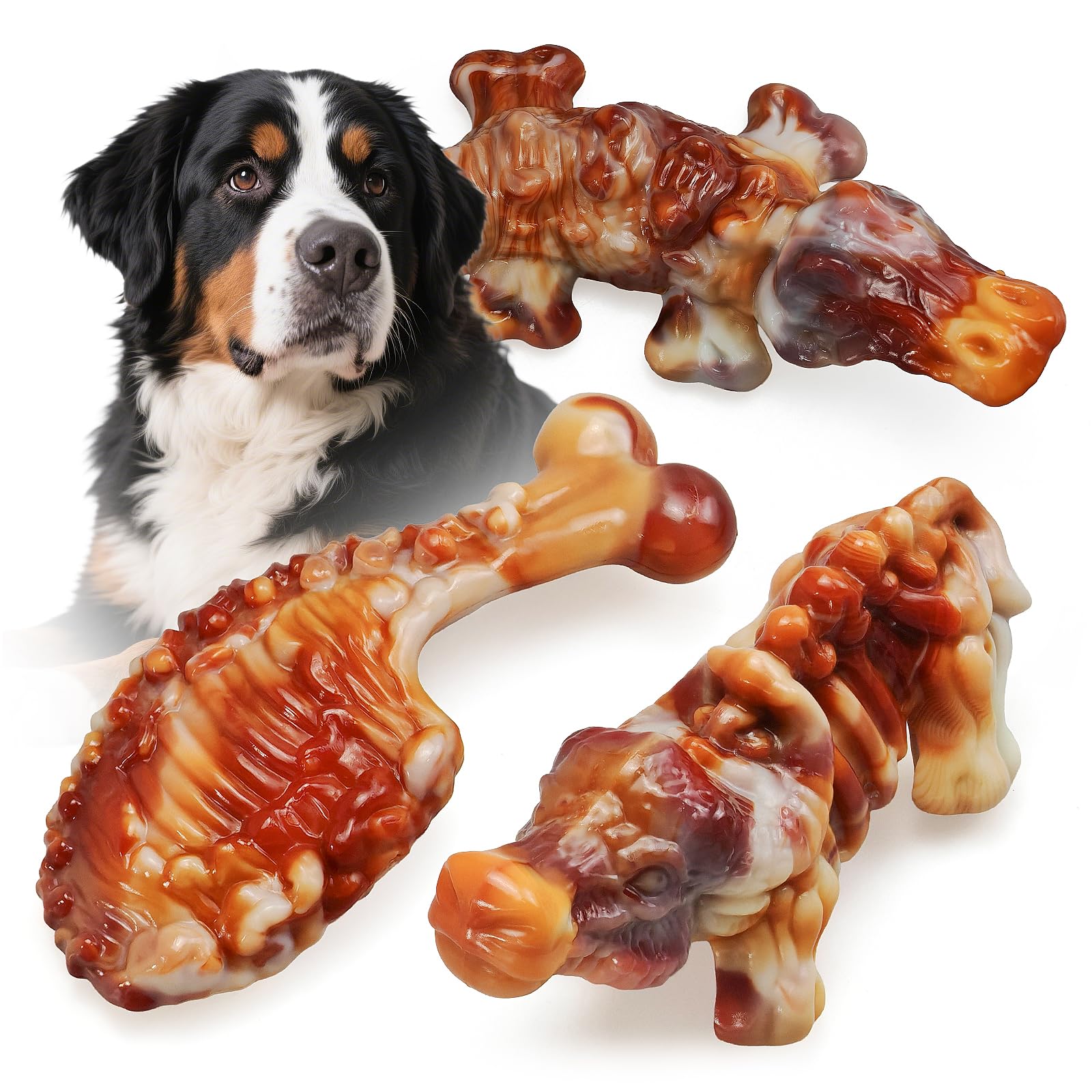 Large Dog Chew Toys for Aggressive Chewers,3 Tough Dog Toys for Medium and Large Breed, Real Bacon Flavored Best Dog Toys to Keep Them Busy, Reduce Boredom, Dog Bones for Teeth Cleaning(Yellow)
