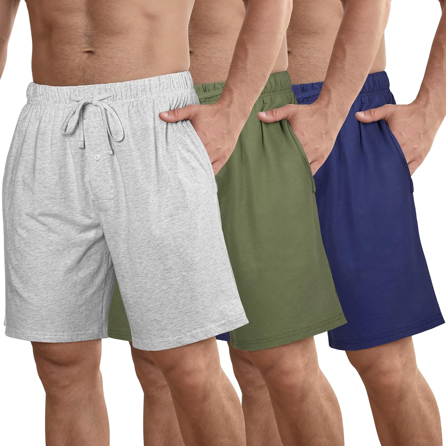 IHU 3 Pack Men's Cotton Pajama Shorts, Soft Sleepwear & Lounge Bottoms with Drawstring & Pockets Sleep Shorts for Men