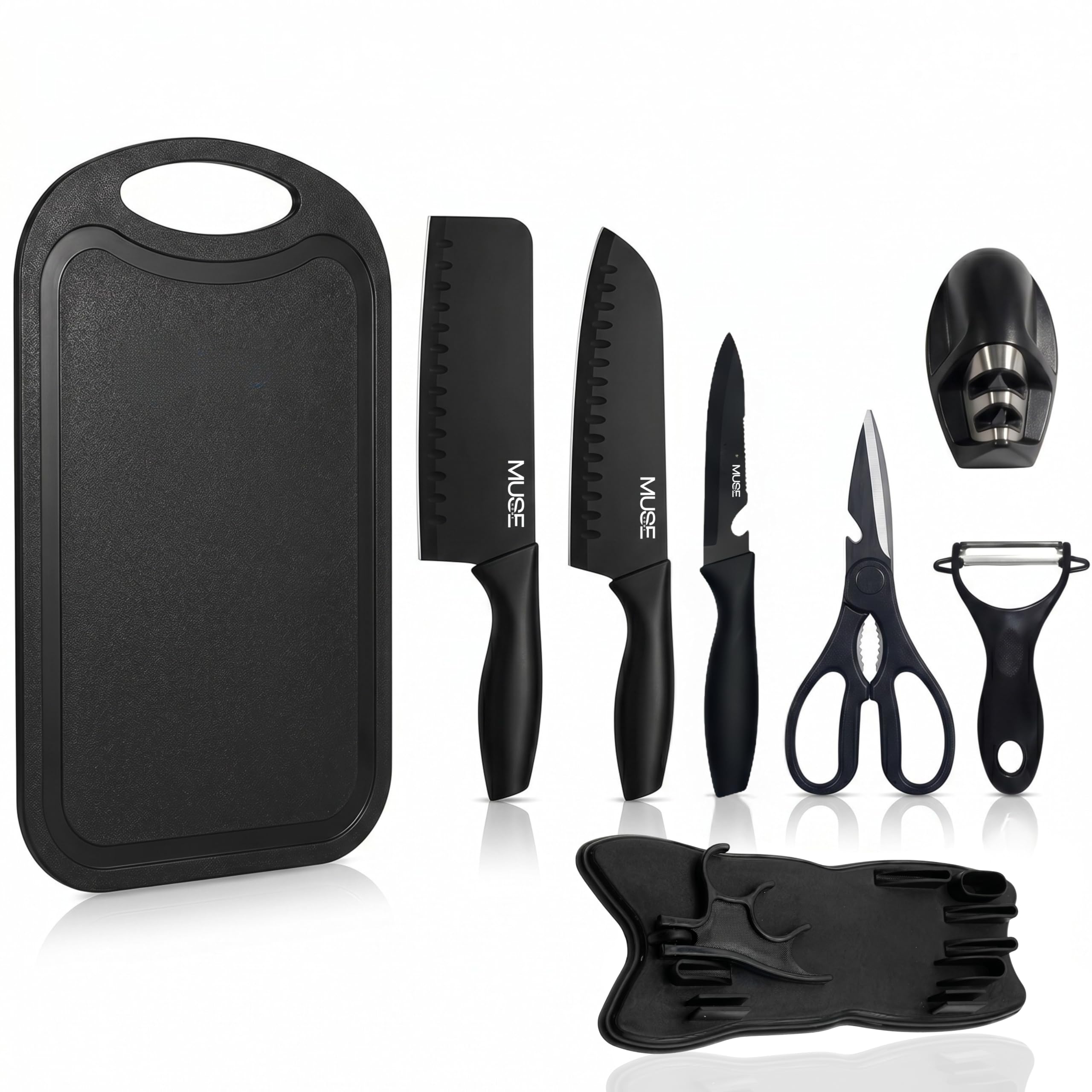 Juego de Cuchillos de Cocina Profesional 8 Piezas con Soporte, Pelador y Afilador, Set Completo de Cuchillos para Carne y Cocina
