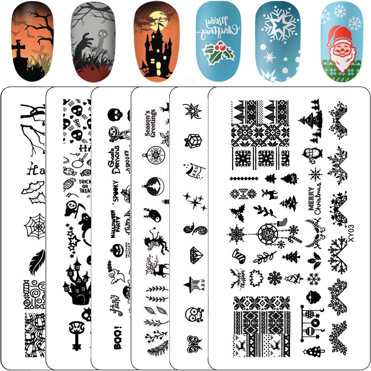 Kyerivs Nail Stamping Plates Christmas Snowflake Nail Stamping Kit Halloween DIY Nail Art Stamp Template Scraper Stamper Set, 6Pcs