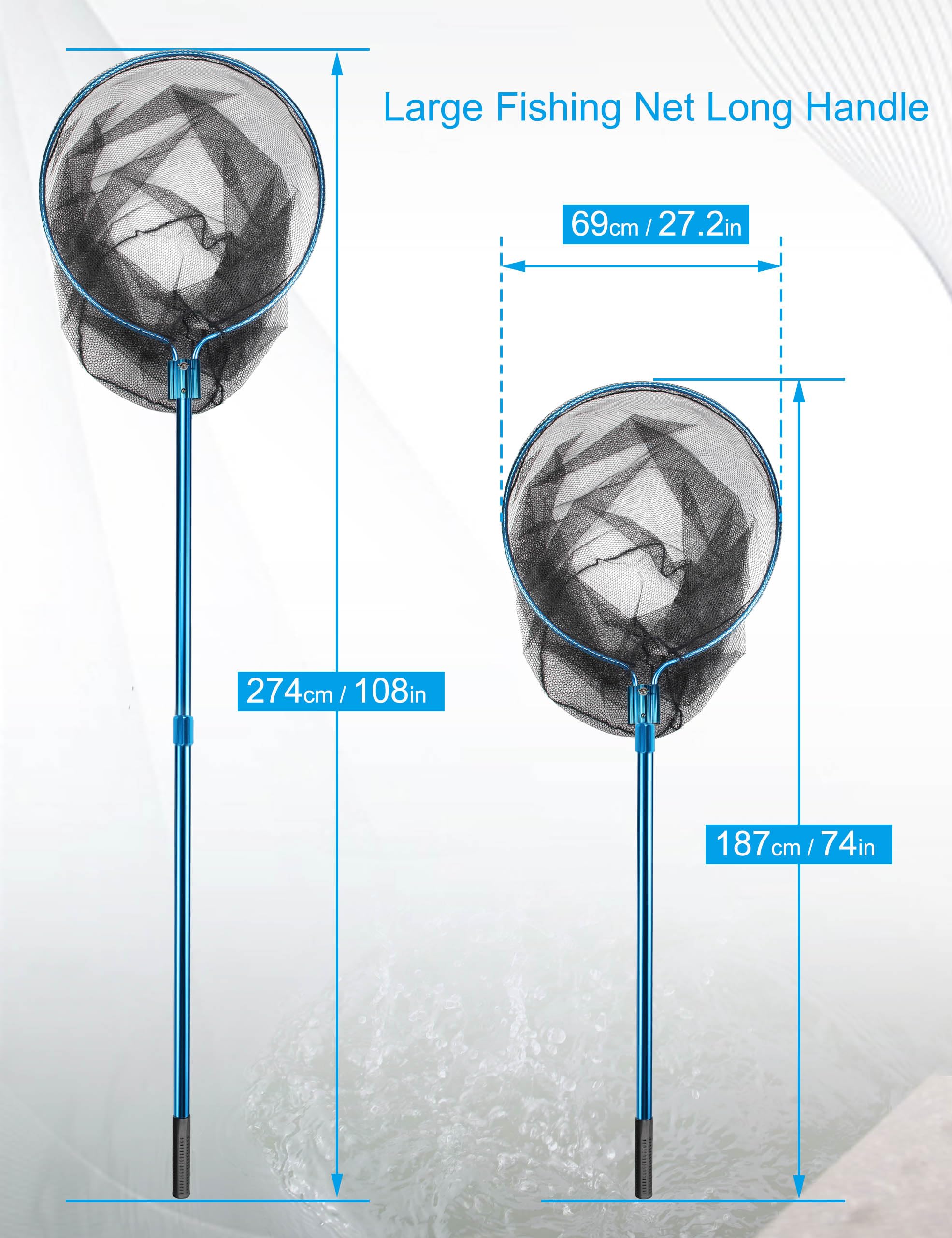 Hlotmeky Large Fishing Nets for Saltwater Fishing Net Long Handle Extra Large Rubber Net Telescoping Handle Heavy Duty Aluminum Fish Nets, Extends to 74-108in, Net Hoop 29x27in, 37in Deep