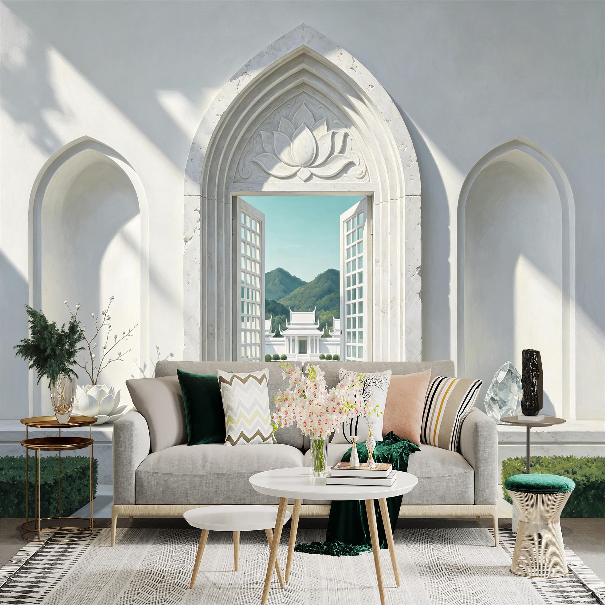 Custom Size Wall Sticker Mural， White Marble Archway with Lotus Relief， Mountain Courtyard View， Zen Style， for wall Decoration， peelandstick wall Decals.