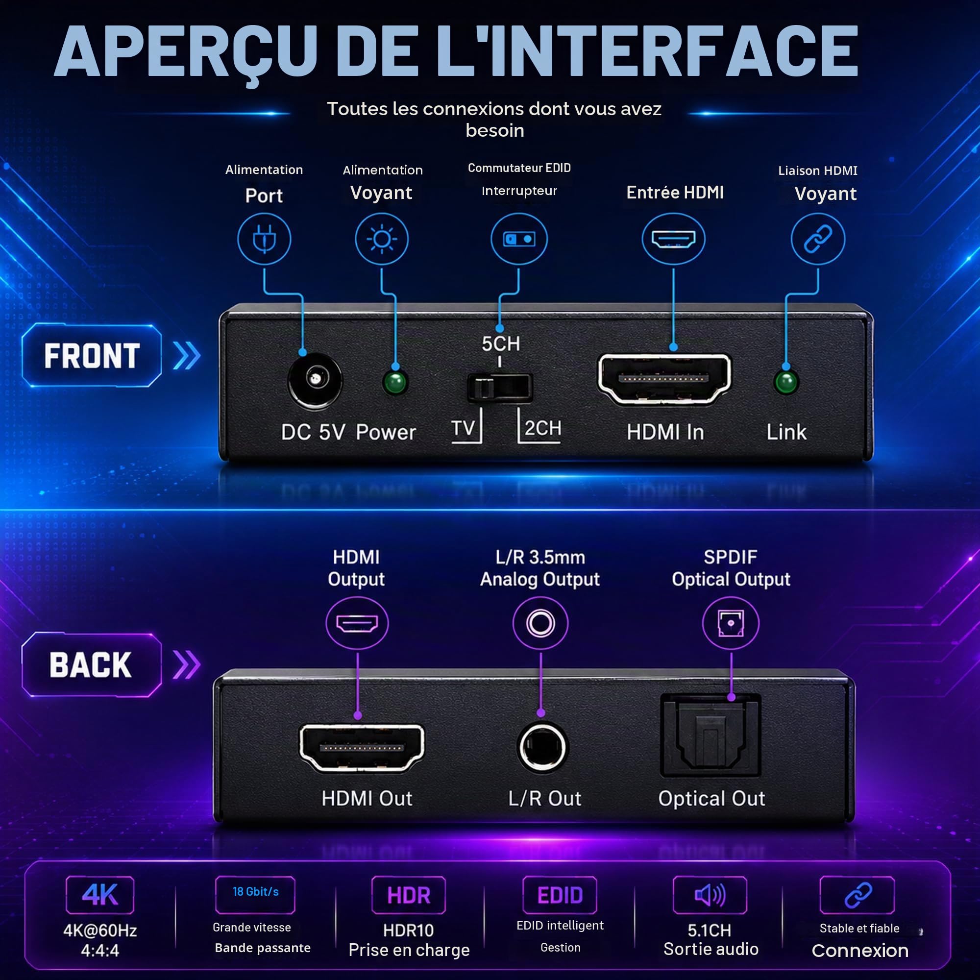 J-Tech Digital JTD18G-H5CH Extracteur audio HDMI 4K 60 Hz + sortie 3,5 mm compatible HDMI 2.0, bande passante 18 Gpb, HDCP 2.2, Dolby Digital/DTS Passthrough CEC, HDR10