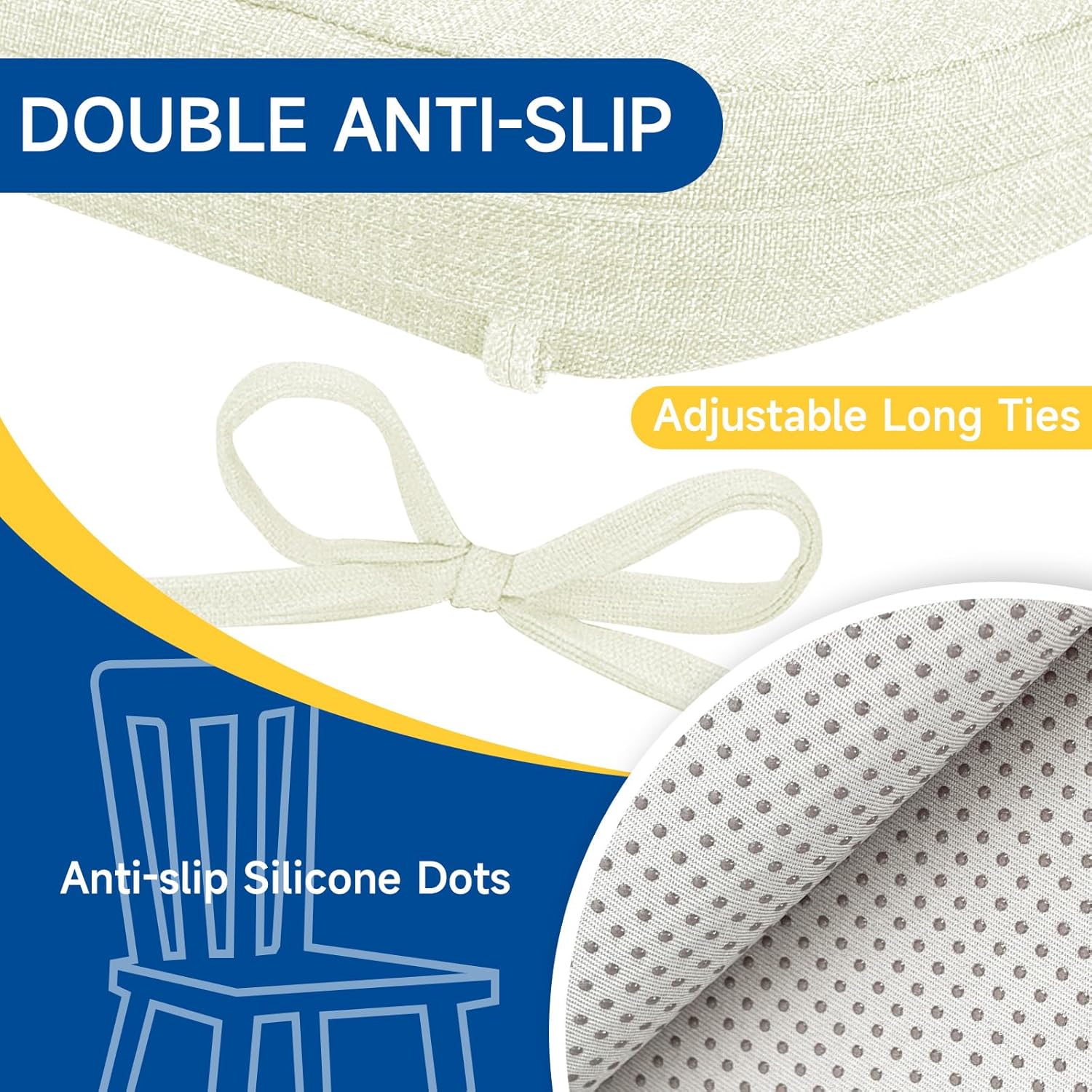 D-Shaped Chair Cushions for Dining Chairs, 2" Thickened Kitchen Seat Cushion with Removable Cover Anti Slip Indoor Chair Cushions for Dining Room/Kitchen Room, 17.5"×16"×2", Set of 6, White 6 White