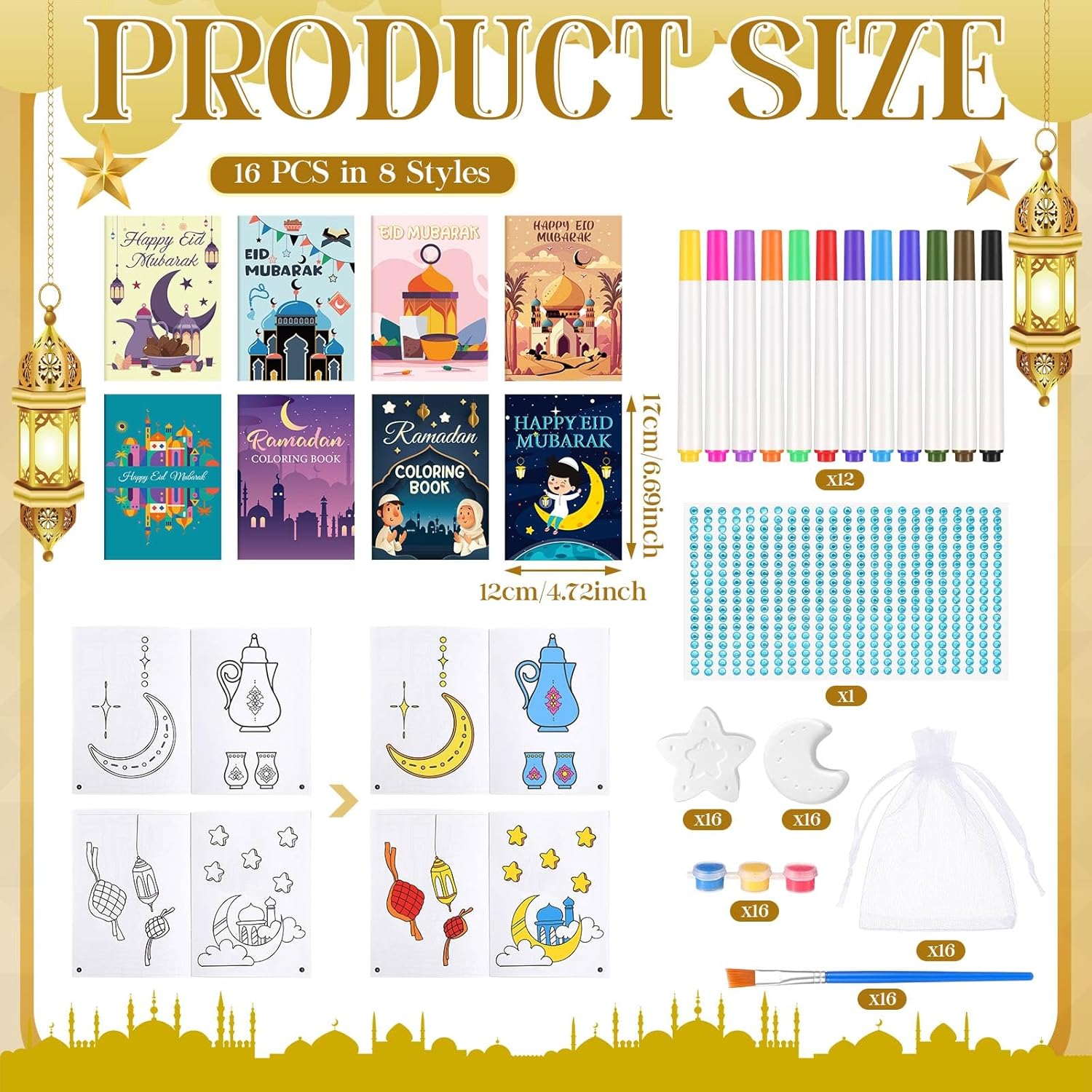 Gueevin 61 Pcs Eid Mubarak Goodie Bags Ramadan Coloring Books Bulk for Kids DIY Islamic Ramadan Star Moon Gypsum Stickers Pens Art Set Craft Kits for Eid Holiday Activity Stuffers Party Favors Gifts