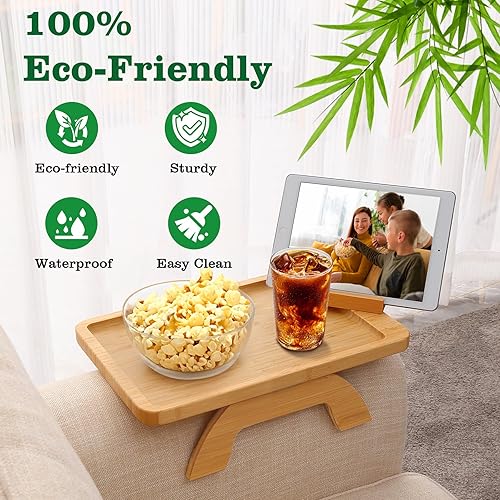 Miniatura 2 de Mesa de brazo de sofá, bandeja de sofá con clip para bandeja de reposabrazos, mesa de sofá con soporte para teléfono, mesa de sofá para sala de