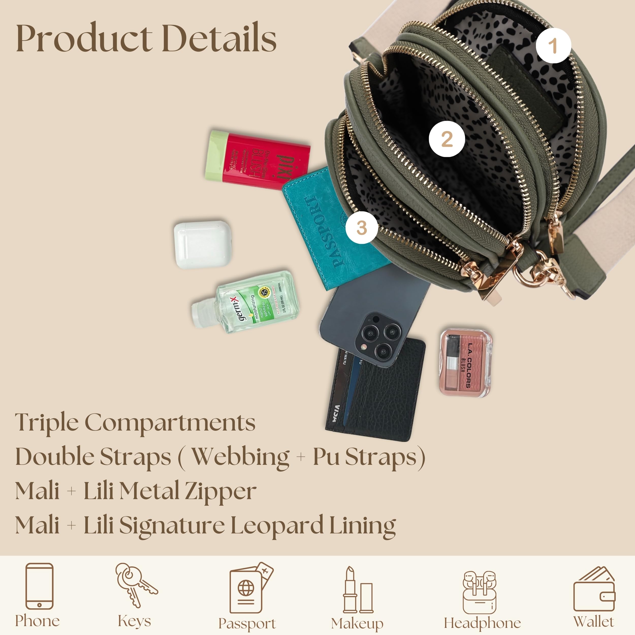 Mali+Lili Small Crossbody Bag for Women, Triple Compartment Shoulder Bag with Double Strap: Olive Green/Tri