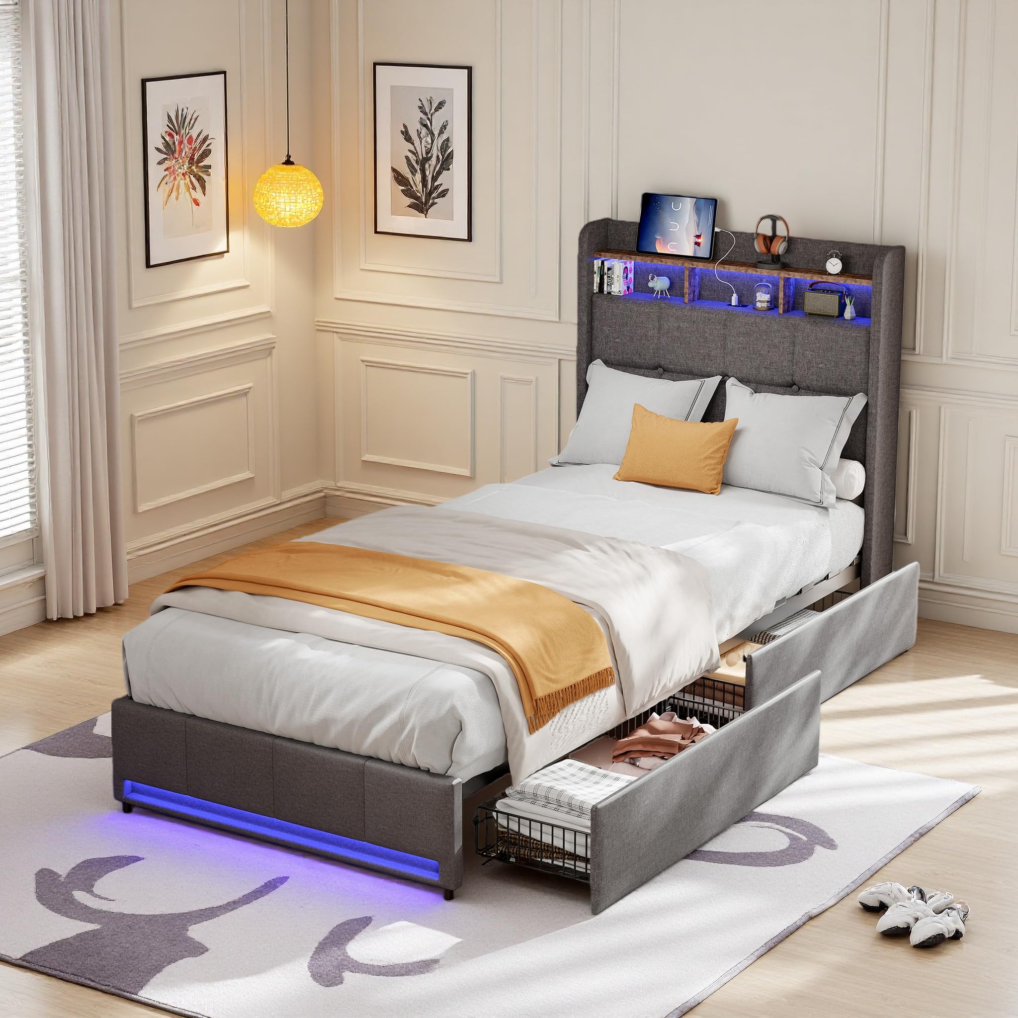 Letto 90 x 200 con Sommier, Letti 1 Persone con LED e Porta USB, Letti Singoli Capitonnati con 2 Cassetti, Testiera con Conservazione, Rete a Lattini, Lino Grigio, senza Materassi