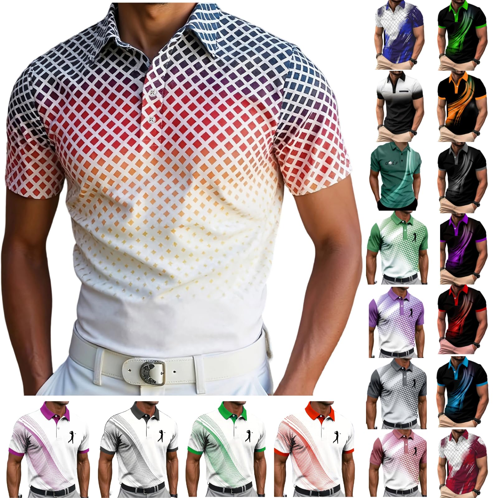 Men's Golf Polo Shirt T-Shirt Gradient Plaid Party Casual Short Sleeve Shirts Quick Dry Moisture Wicking Athletic Shirt — view 20