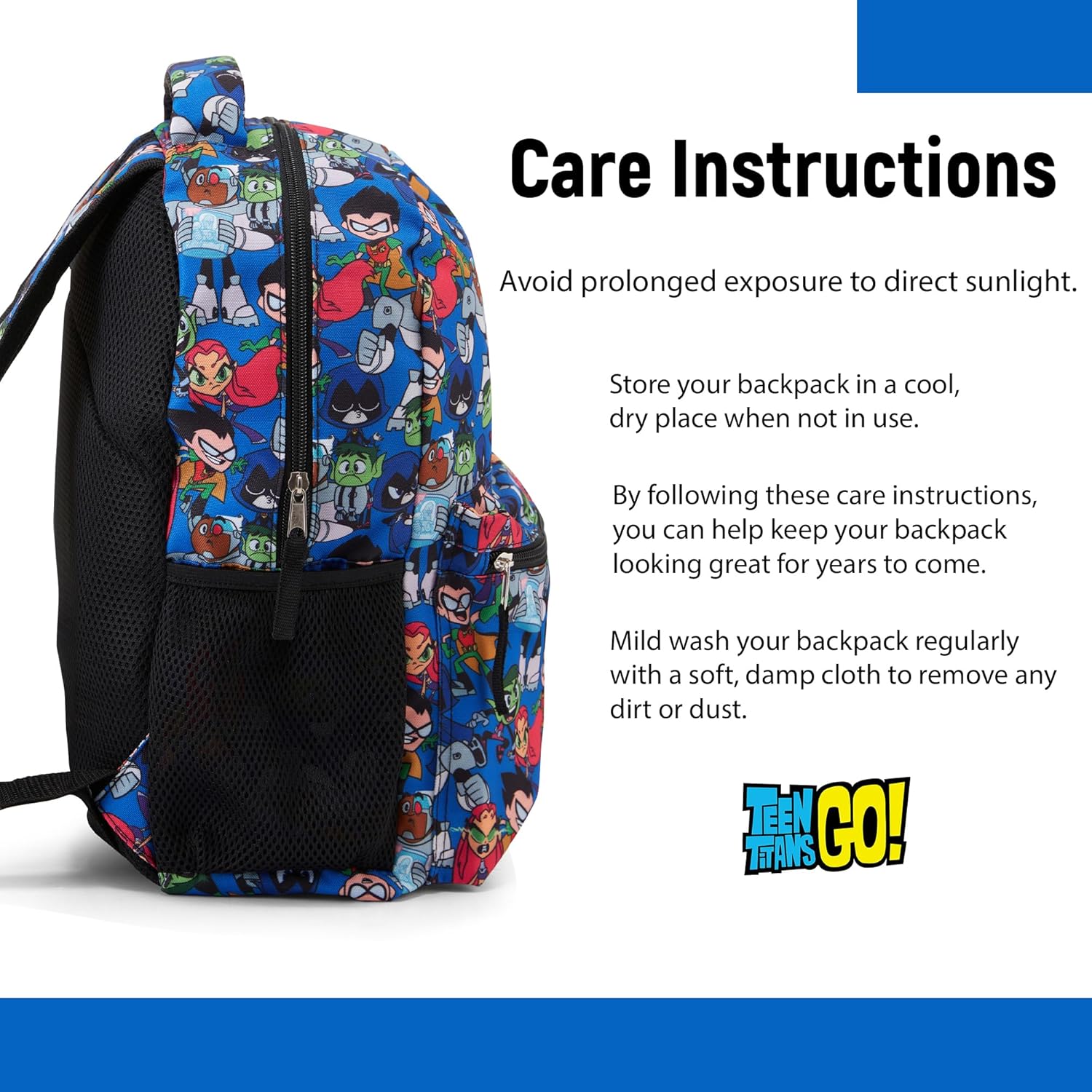 DC Comics Teen Titans Go! Allover Backpack - Beast Boy, Raven, Cybord, Robin and Silkie - Teen Titans Go! School Bookbag (Blue)