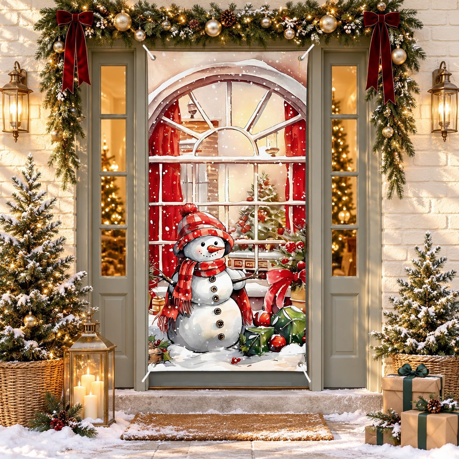 Christmas Door Cover, Christmas Door Deco for Xmas Party Home Front Door 90x180cm, Christmas Front Door Decorations, Outdoor Xmas Snowman Front Door Cover Hanging Banner Backdrop Background