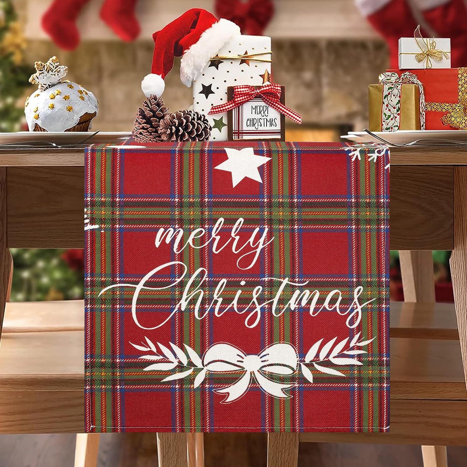 Camino de Mesa Navideño Rojo 40 X 140 Moderno Camino de Mesa Navideño de Lino Copos de Nieve Mesa de Cocina Temporada Decoración Navideña para Invierno, Navideña, Mesa de Centro