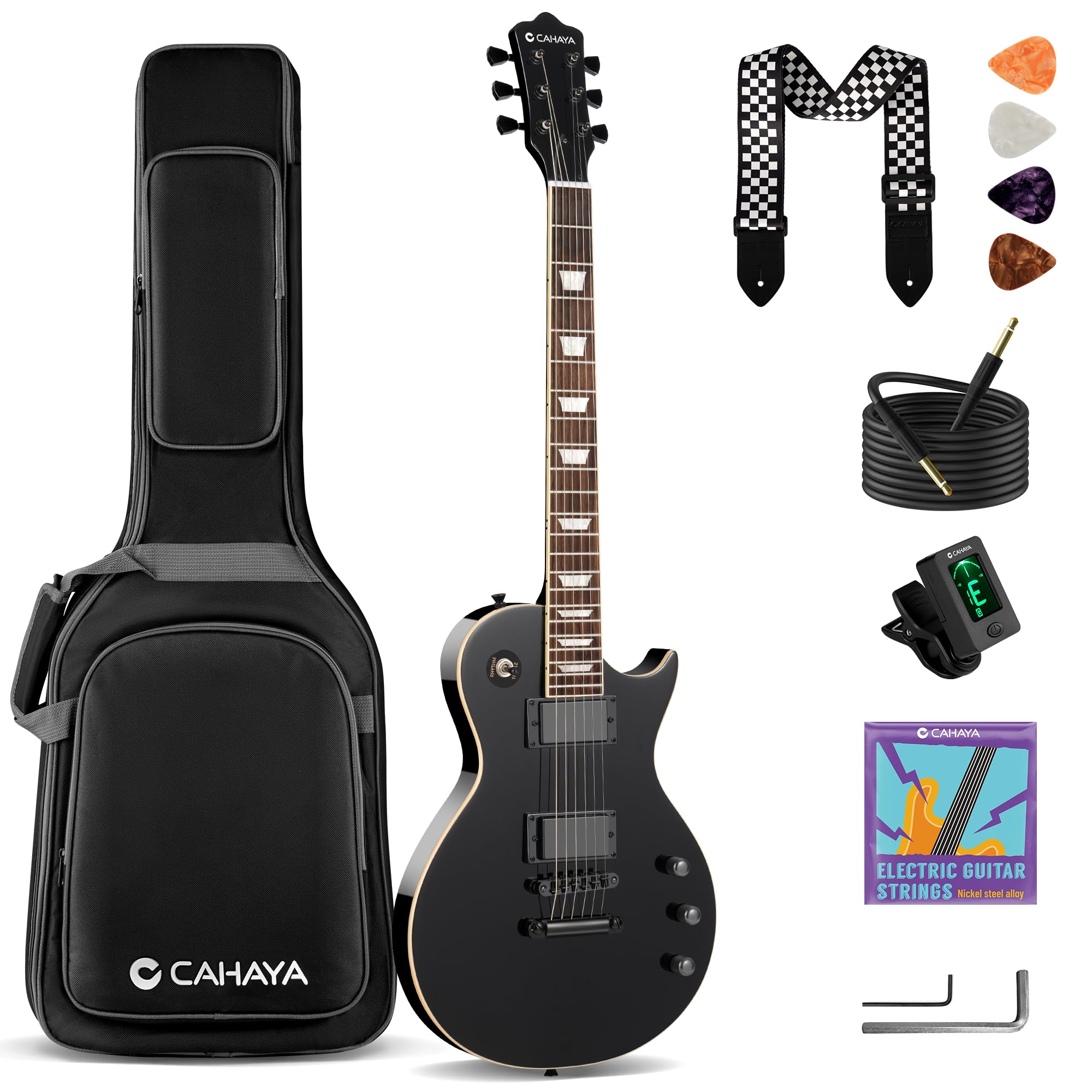 CAHAYA LP Kit Chitarra Elettrica: Chitarra 39" Full Size per Principianti con Corpo in Okoume Massiccio, 2 Pickup Humbucker, Manico in Acero, Borsa, Tracolla, Cavo per Adulti e Ragazzi - Nero