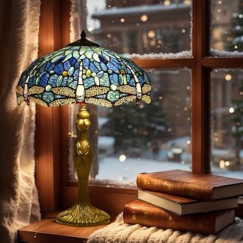PAPAYA Tiffany Lamp Shade Replacement 16X7.4 Inch Blue Stained Glass Dragonfly Style Lampshade, 0.4 Inch at the Top Fitter Opening for Table lamp Pendant Light