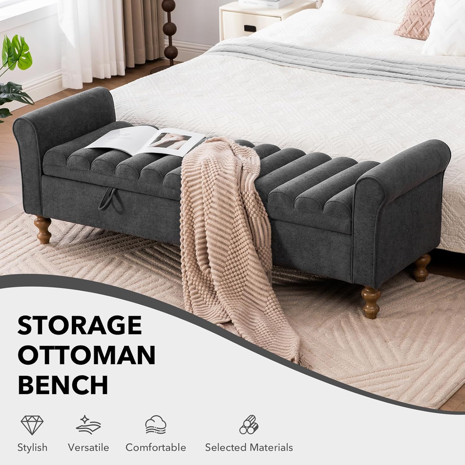 65" Oversize Storage Ottoman Bench, Fleece Upholstered End of Bed Benches with Rolled Armrest, Modern King Size Benches with Rolled Armrest, Window Bench (Charcoal +Single-Cover)
