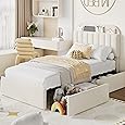 GarveeHome Twin Bed Frame with Drawer, Boys Bed, Velvet Upholstered Platform BedFrame with Storage Headboard for Kids, No Box Spring Needed, Easy Assembly, Noise-Free, Light Blue