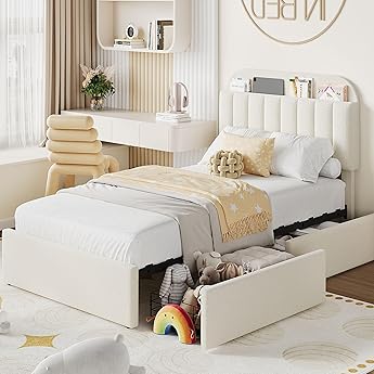 GarveeHome Twin Bed Frame with Drawer, Boys Bed, Velvet Upholstered Platform BedFrame with Storage Headboard for Kids, No Box Spring Needed, Easy Assembly, Noise-Free, Light Blue