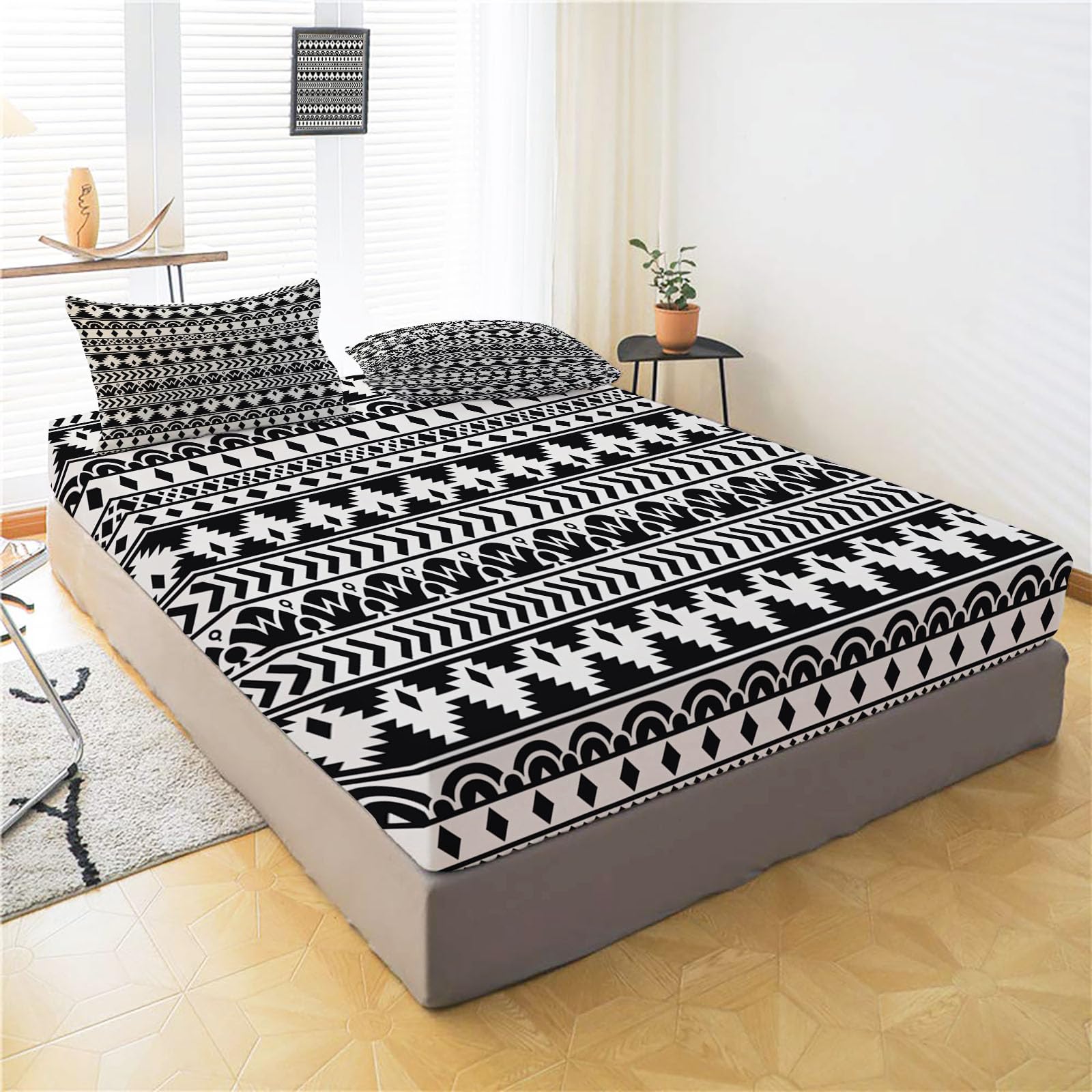 Sábanas 200X190/200Cm - Juego De Sábanas 3 Piezas Estampadas Geométrico De Diamante - Microfibra Suave Transpirable - Sábana Bajera Ajustable - Ropa De Cama Bohemio Tradicional (Blanco Y Negro)