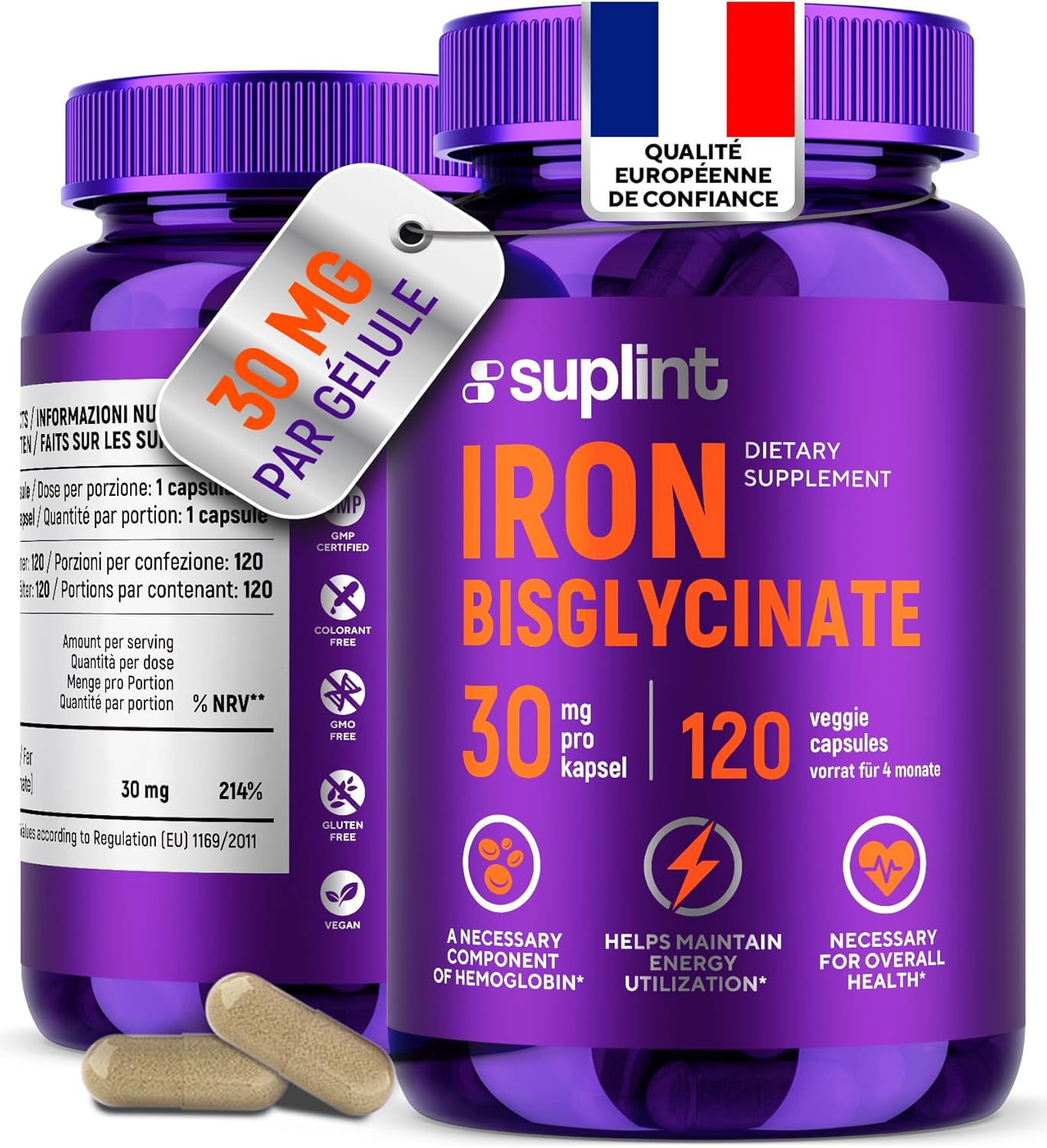 Iron Bisglycinate 30 mg – High Absorption & Gentle Formula – 120 Vegan Capsules – Developed in the Netherlands & EU Lab Tested – Iron Supplement Premium Food Supplement (1 Pack)