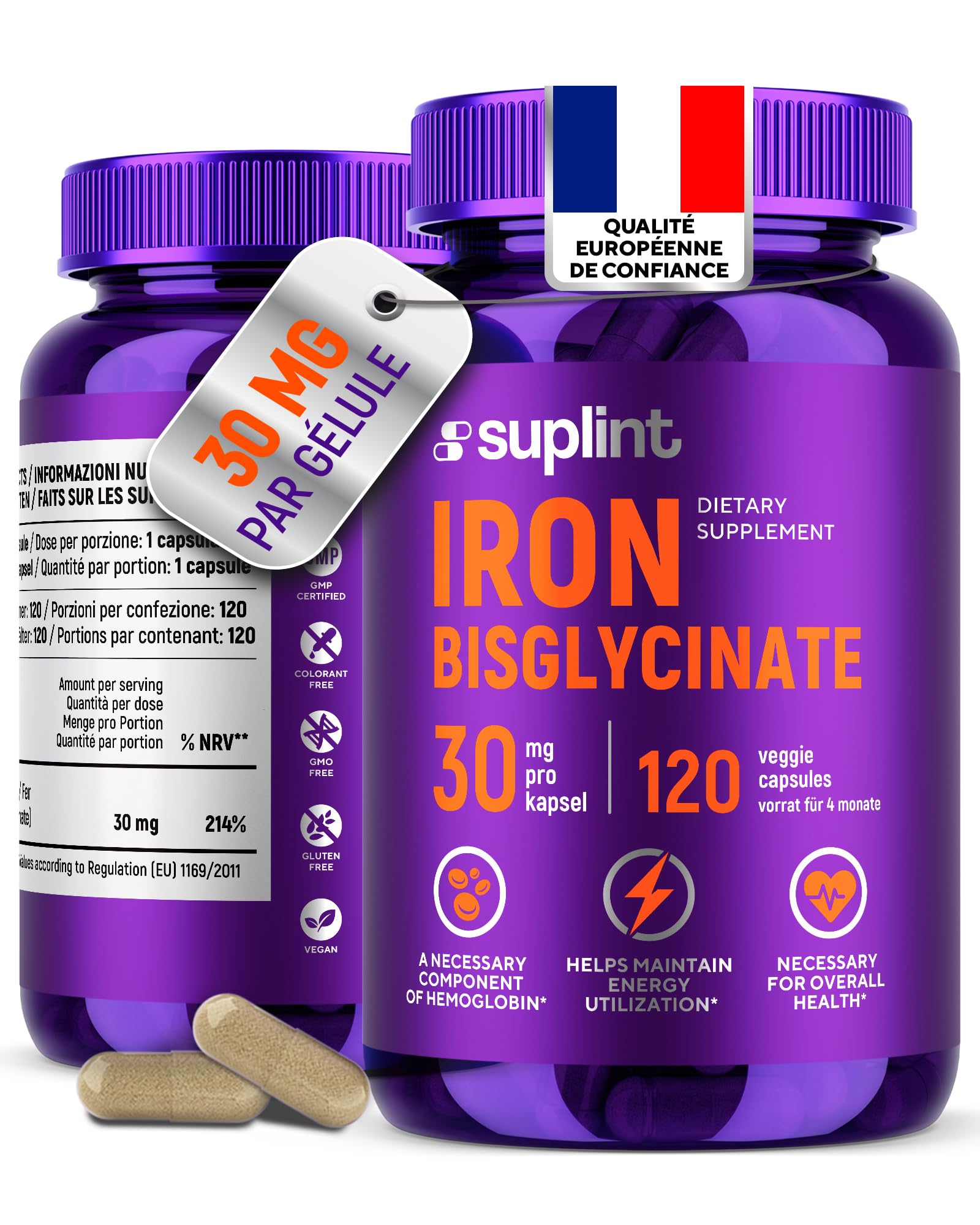 Fer Bisglycinate 30 mg – Haute Absorption & Formule Douce – 120 Gélules Véganes – Développé aux Pays-Bas & Testé en Laboratoire de l’UE – Fer Complément Alimentaire Premium (1 Pack)