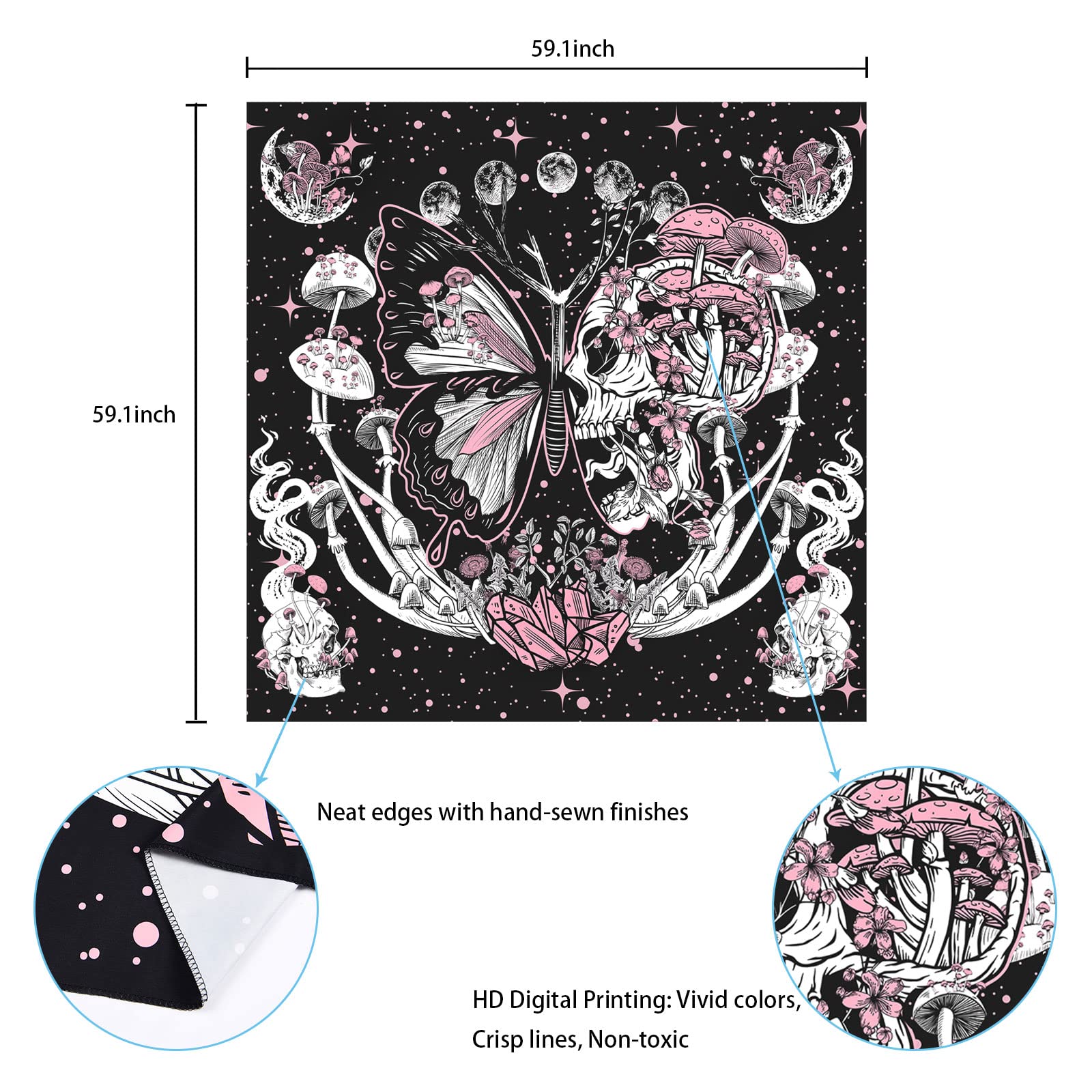 Uspring Arazzo Parete Fungo Teschio Rosa 150x210cm - Stile Hippie Per Camera Da Letto, Decorazione Muro