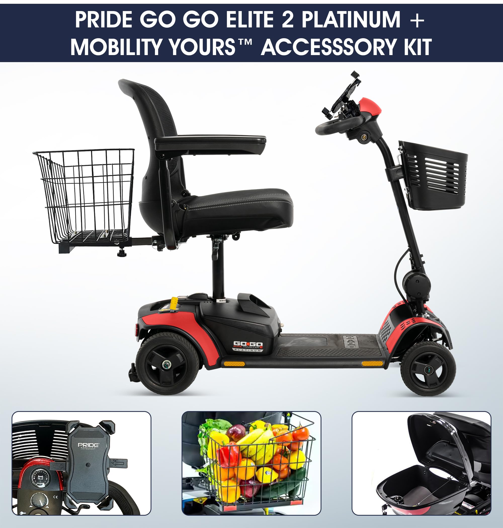 Pride Go Go Elite Traveller 2 Platinum - Patinete de movilidad + accesorios, fabricado en Estados Unidos, nueva tecnología EZ Turn Tech, capacidad de 300 libras, 4.23 MPH, rango de 13.8 millas