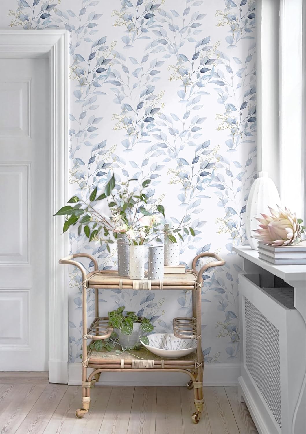 HeloHo Peel and Stick Wallpaper 15.35" X 787" Green Blue Leaf Floral Wall Paper Self Adhesive Removable Waterproof Contact Paper for Bathroom Living Room Bedroom Decor