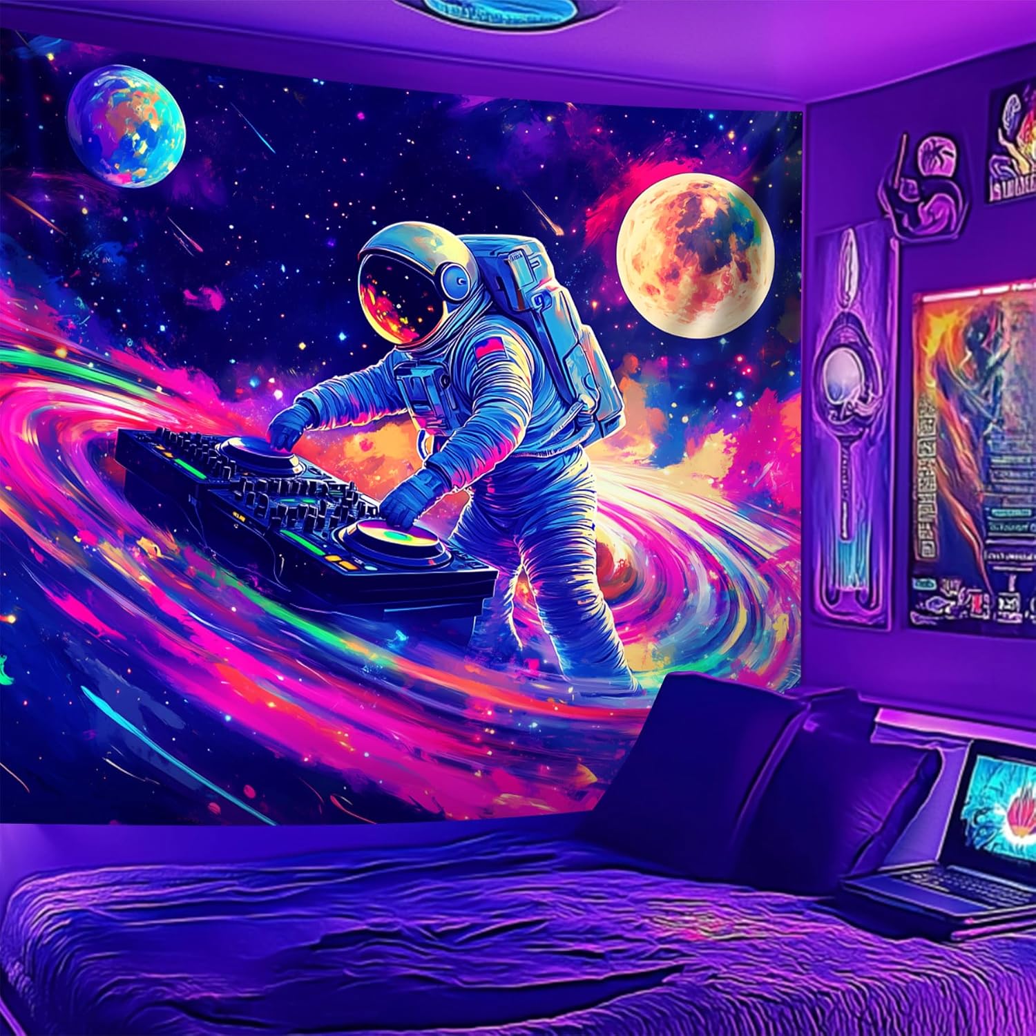 NYZE Astronaut Space Tapestry for Bedroom, Glow in the Dark Room Decor Wall Tapestries, Cool Galaxy Planet Wall Hanging, Wall Hanging for Men Guys Gamer Room Dorm Living Room 90x70 in