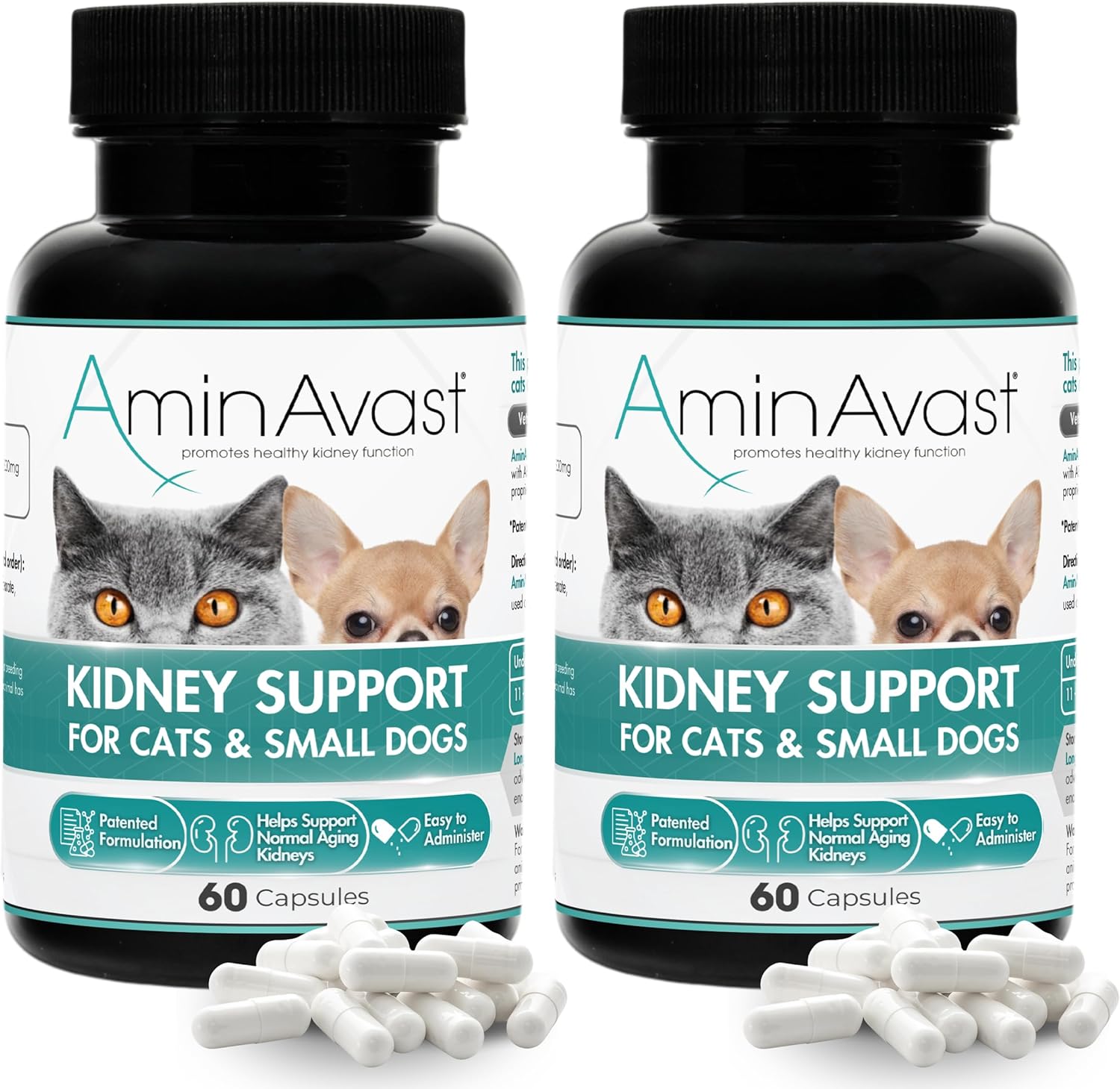 AminAvast Kidney Support Supplement for Cats and Small Dogs, 300mg 2-Pack - Promotes Natural Kidney Function - Aids in Health and Vitality of Aging Kidneys - Easily Administered - 60 Sprinkle Capsules