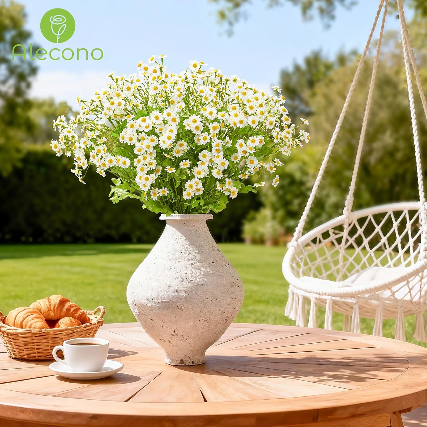 Alecono Artificial Daisy Flowers - Realistic 21 Inch 8 Pcs Long Stem Fake White Daisies with Leaves, Spring Wild Floral Arrangement for Home Decor, Wedding, Table Centerpieces, Party Decoration