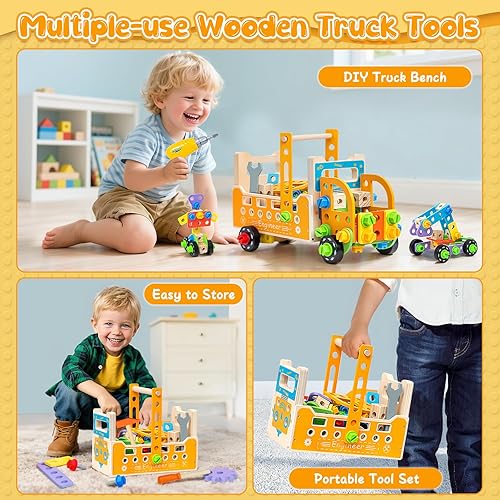 Miniatura 3 de Juego de herramientas para niños con delantal y taladro, 85 piezas de juguetes de herramientas para niños, juegos de construcción de madera para