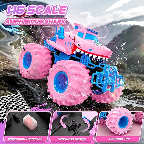 Miniatura 4 de Coche de control remoto de tiburón impermeable, autos RC anfibios 116 2.4GHz 4WD todo terreno todoterreno Monster Trucks juguetes, camiones RC