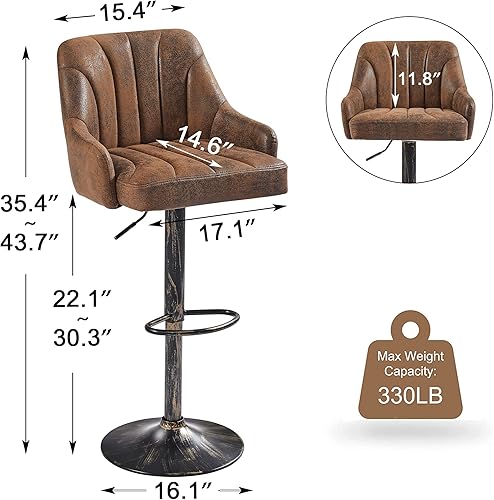 Miniatura 3 de VECELO Juego de 2 taburetes de bar, taburetes de bar ajustables, taburetes de altura de mostrador con respaldo y brazo, taburetes de isla de cocina,