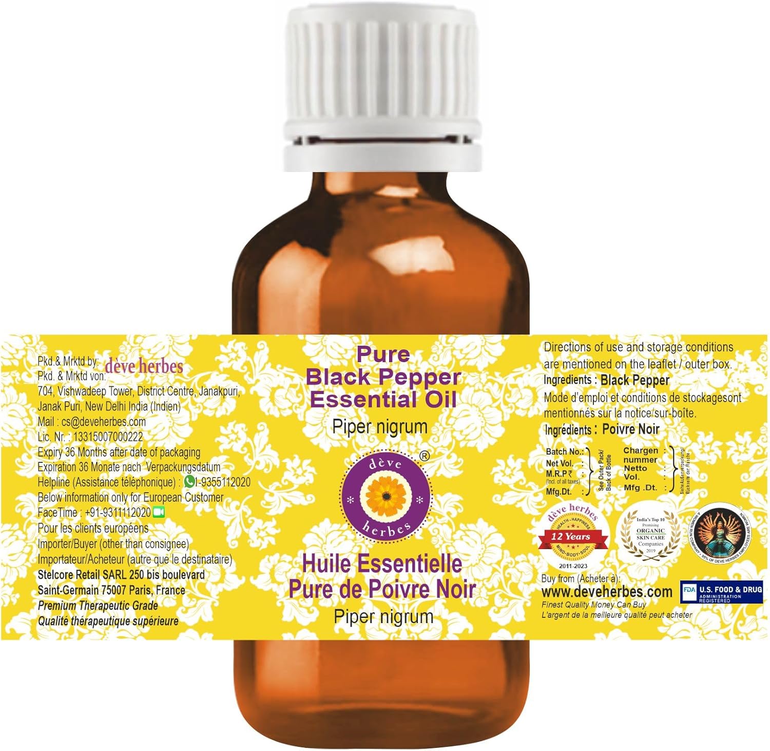 Deve Herbes Pure Black Pepper Essential Oil (Piper nigrum) Steam Distilled 50ml (1.69 oz)