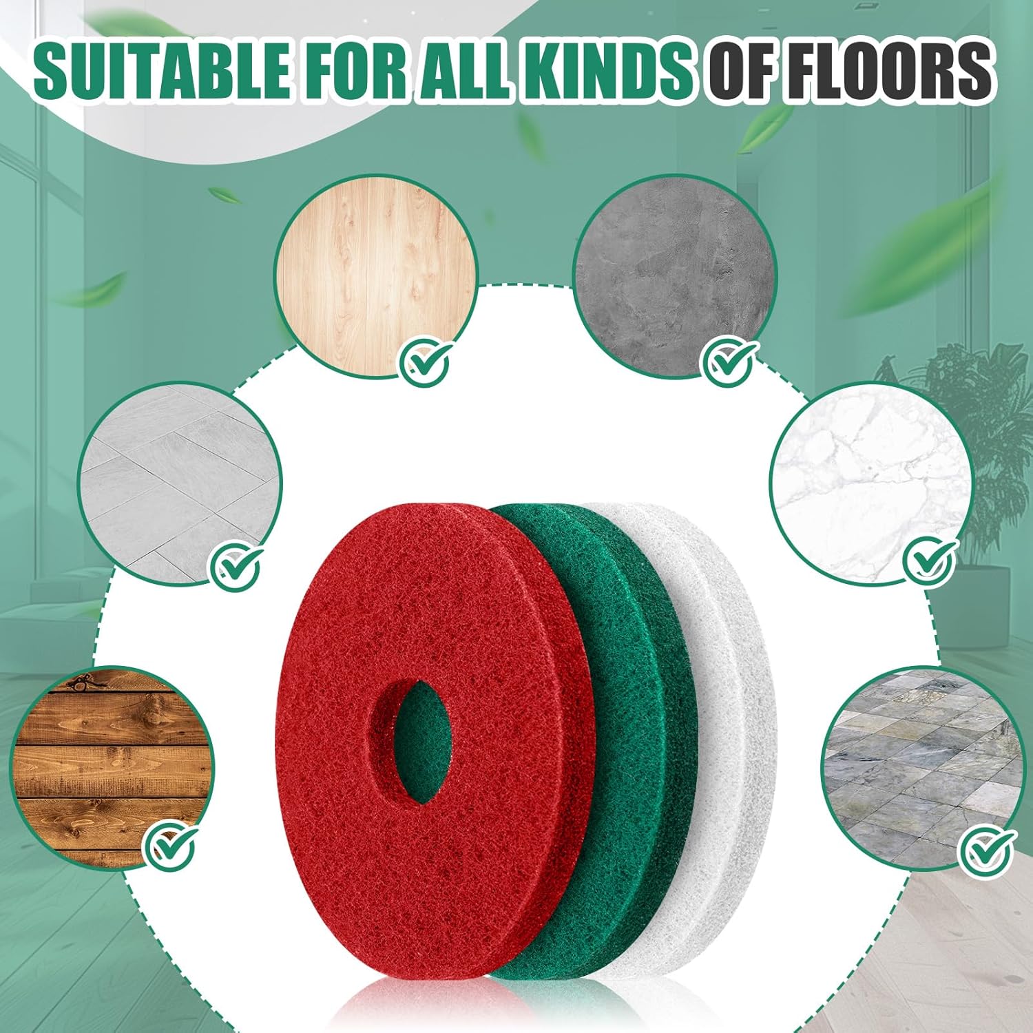 Teenyyou 3 Pcs 20" Cleaning Orbiter Pads Commercial Floor Buffer Pads Hardwood Floor Maintenance Scrubber, Polishing Cleaning and Stripping for Orbiter Machine (Red, Green, White)