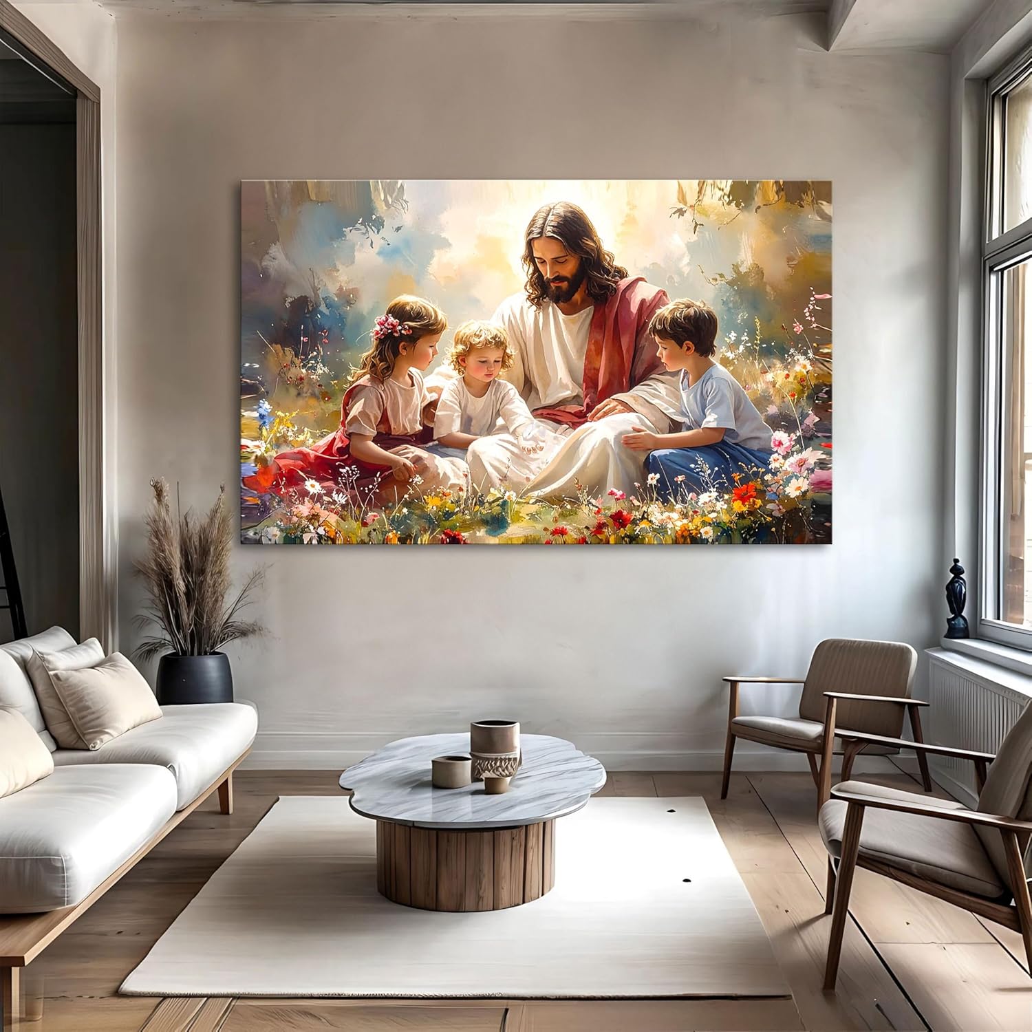 TAILORED CANVASES Jesus With Children Faith Wall Art – Christian Gospel Picture for Kids’ Rooms, Jesus Loves the Little Children Canvas Décor for Bedroom or Nursery 16x24