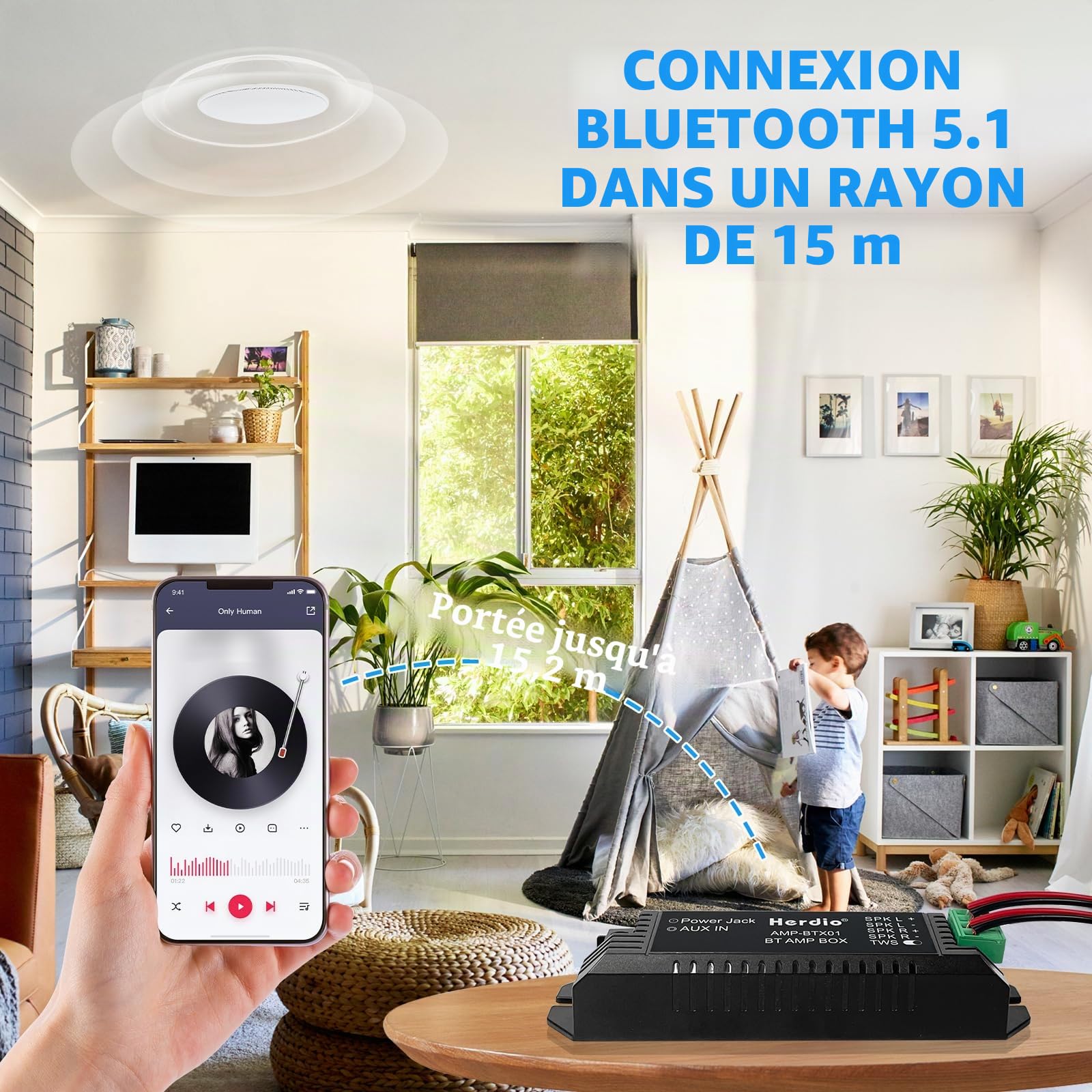 Herdio 2 Channel Receiver System Bluetooth Home Audio AV Receiver and Amplifier, pour Enceintes passives AUX TWS, Convient aux plafonds la Marine Home cinéma Garage l'extérieur et à l'intérieur