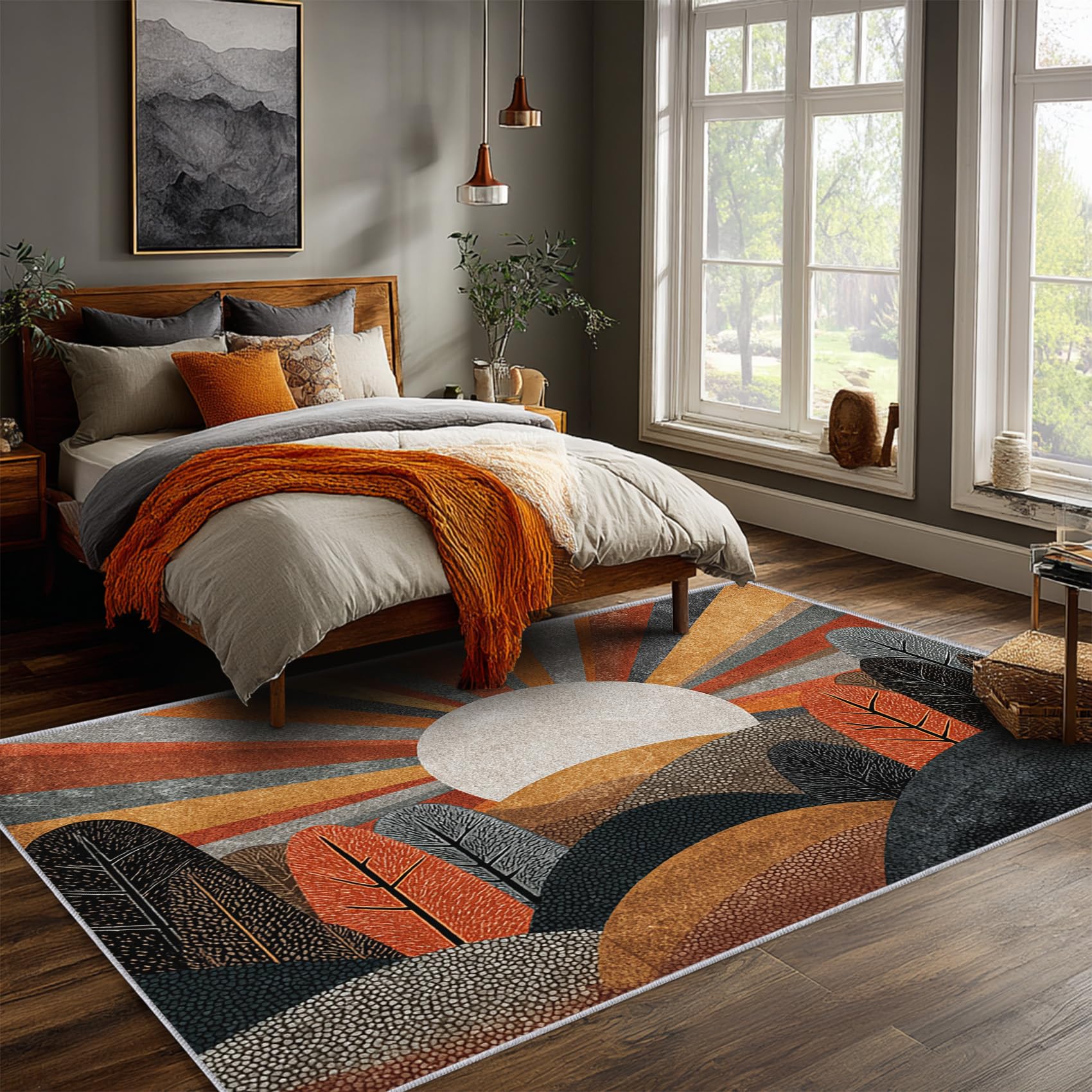 Generisch Boho Teppich 160 x 230 cm Wohnzimmer Mit Sonne Berg Baum Muster, Boho Bettvorleger Schlafzimmer Deko, Waschbar Teppiche Gegend Kurzflor rutschfest,j1d528