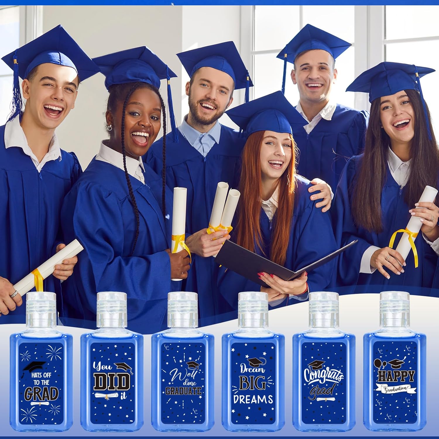 50 Pack Graduation Mini Hand Sanitizer Bulk Graduation Gift for Teacher Classmates 1fl oz Travel Size Hand Sanitizer Graduation Hand Soap Gifts for Guest Graduation Party Favors Supplies (Blue)