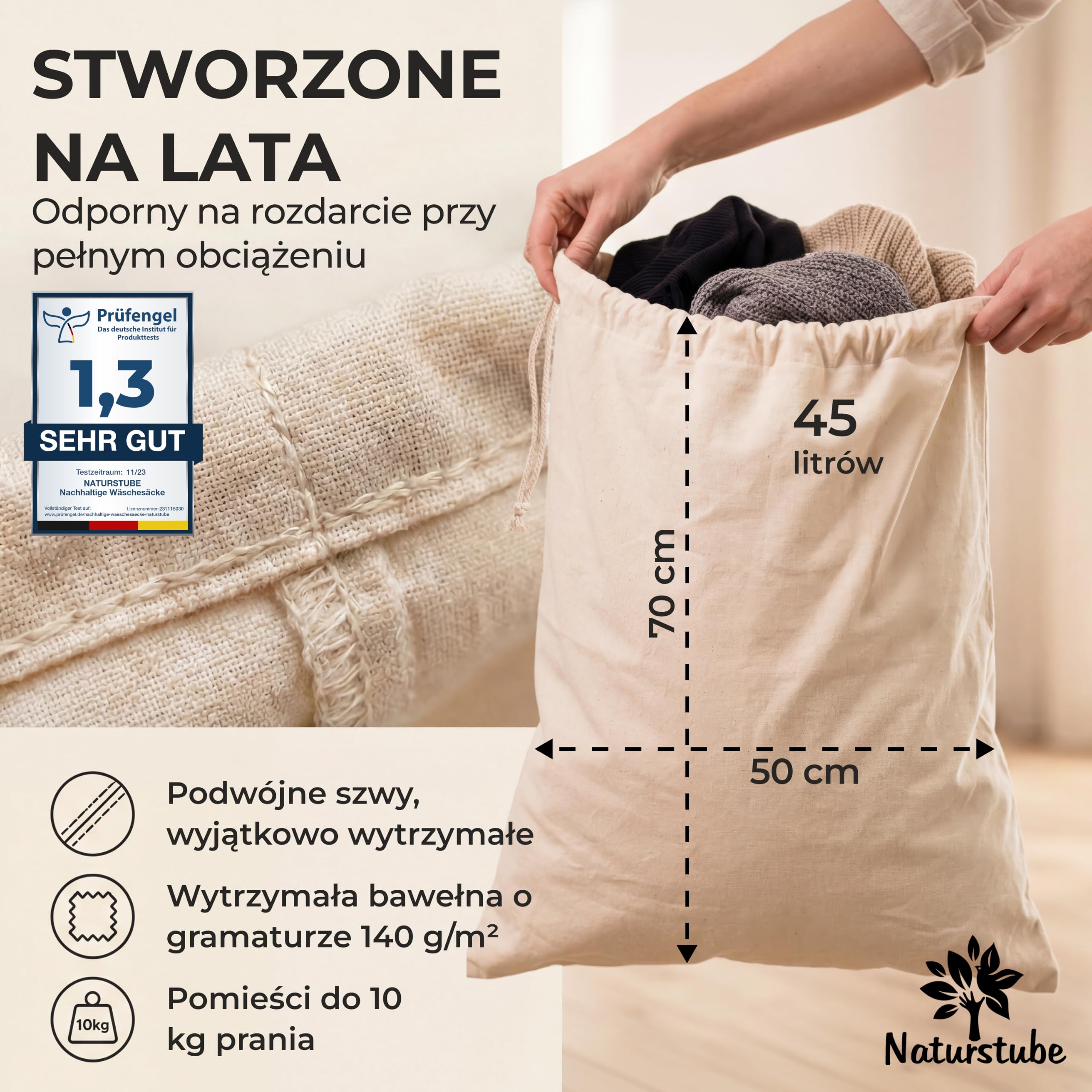 Zestaw 2 worki na pranie 50 x 70 cm, 45 l, 100% bawełna [certyfikat Öko-Tex]prać