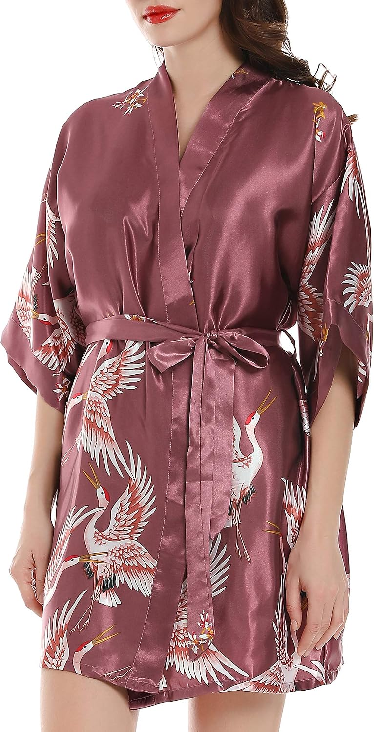 Women Kimono Robes Satin Dressing Gown Crane and Blossoms Sleep Lounge Nightwear Short Silk Bride Bridesmaid Robe